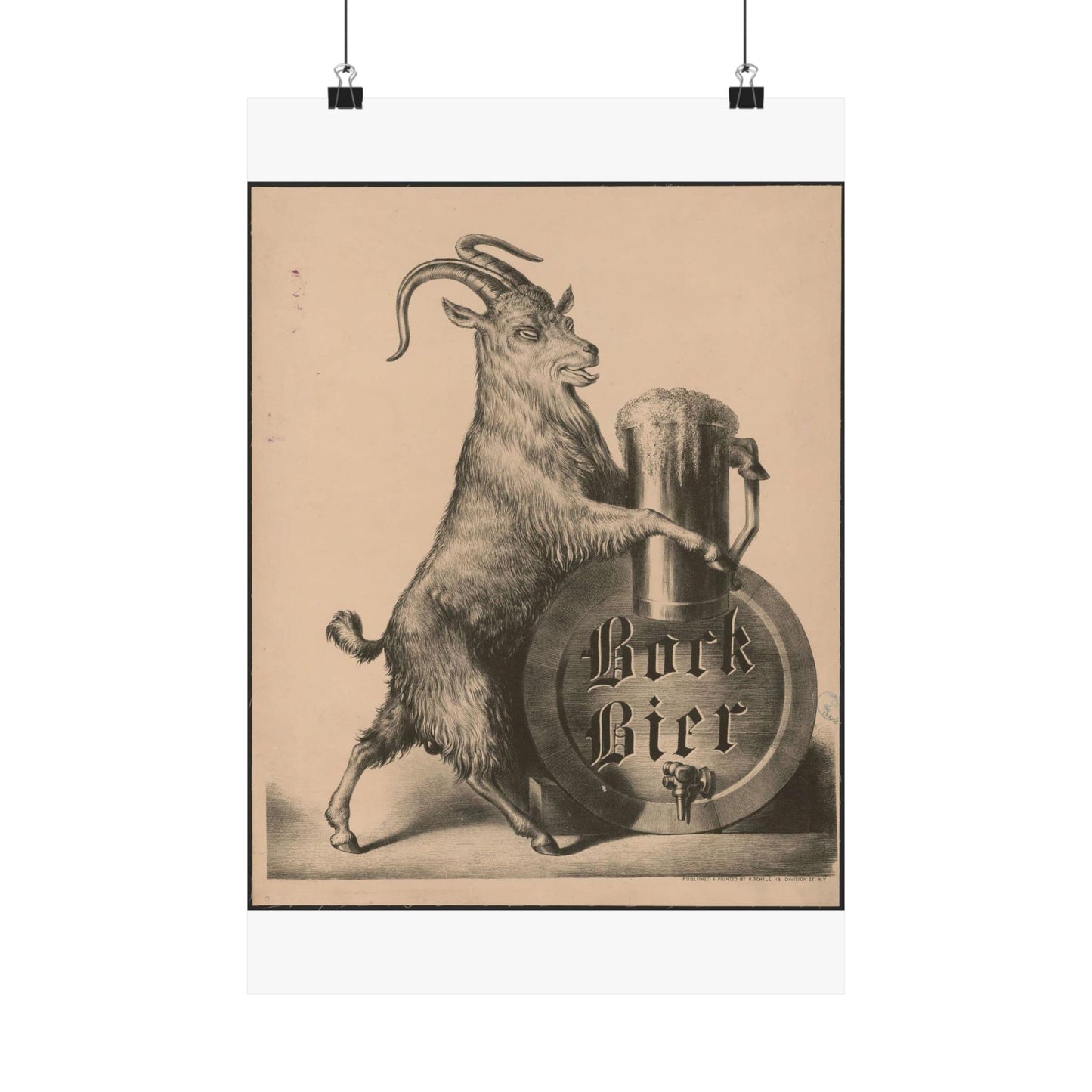 Bock Bier goat on hind legs, holding large mug of beer with front hooves High Quality Matte Wall Art Poster for Home, Office, Classroom
