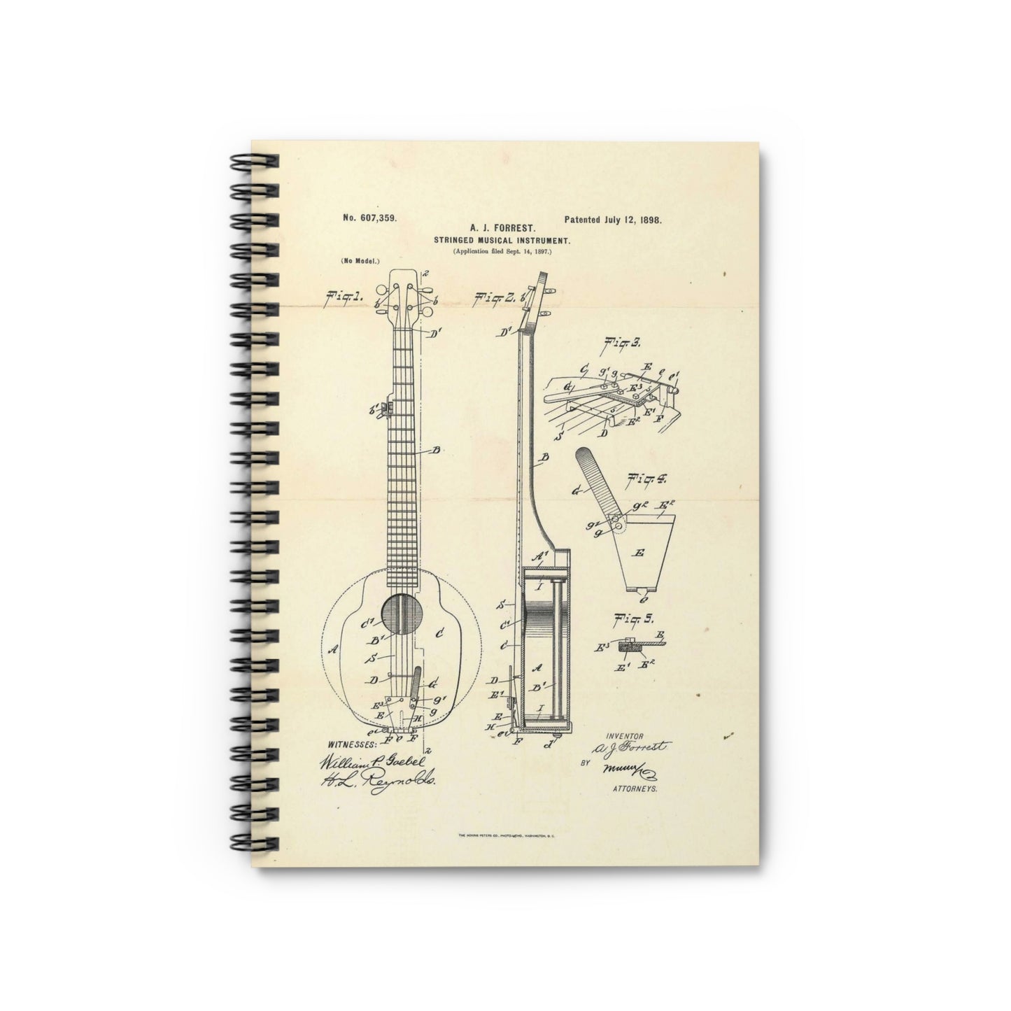 Patent Case File No. 607,359, Stringed Musical Instrument, Inventor- Albert J. Forrest - DPLA - 4131de1d6cfd166bec48feb68641443c (page 21) Spiral Bound Ruled Notebook with Printed Cover