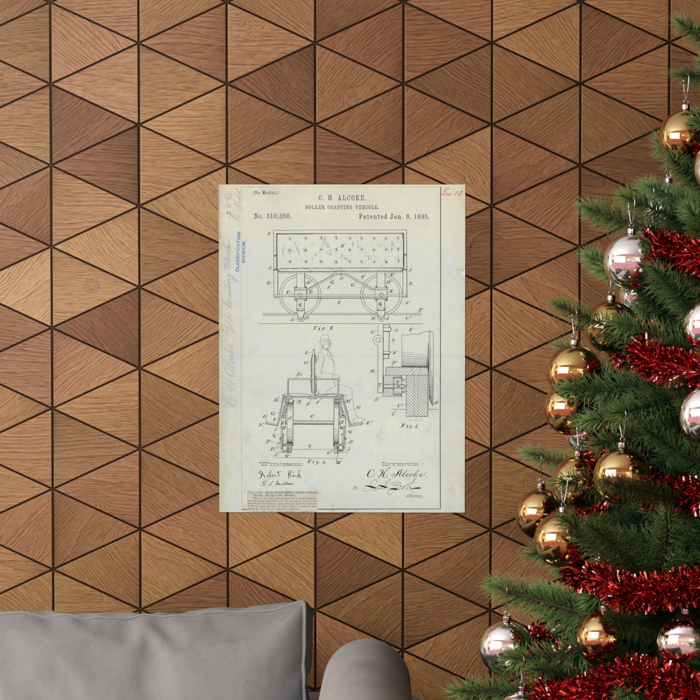 Patent Drawing of Engine - for C. H. Alcoke's Roller Coasting Vehicle Public domain image High Quality Matte Wall Art Poster for Home, Office, Classroom