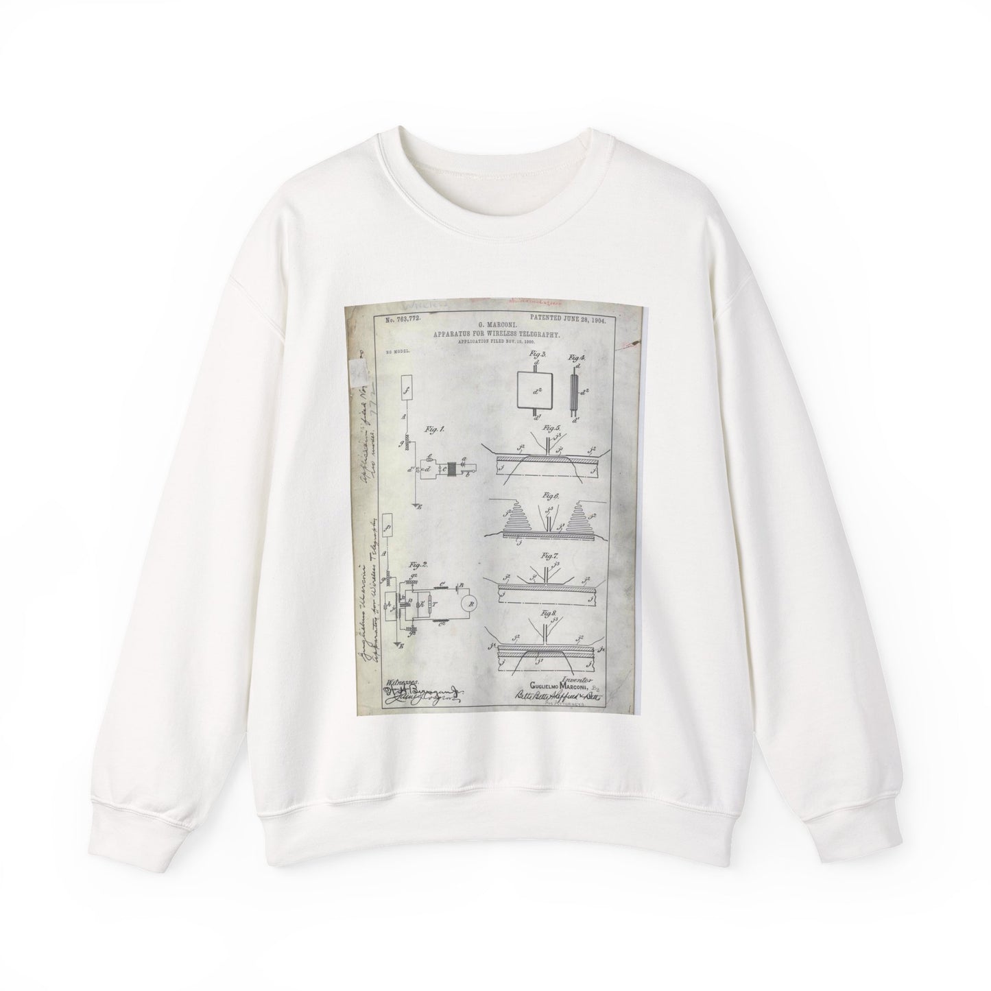 Patent drawing - for G. Marconi's Apparatus for Wireless Telegraphy Public domain image White Heavy Blend Adult Crew Neck SweatShirt