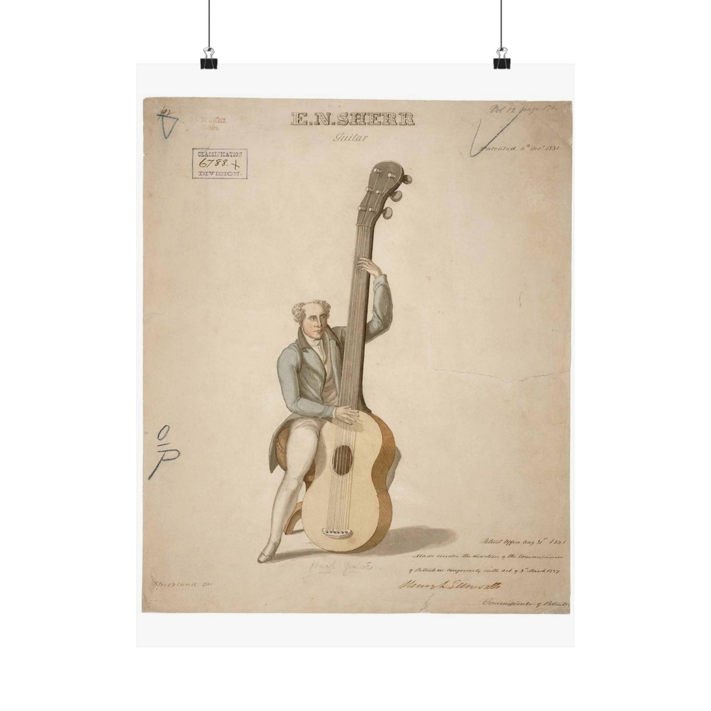 Patent drawing - Drawing of a Harp Guitar Public domain image High Quality Matte Wall Art Poster for Home, Office, Classroom