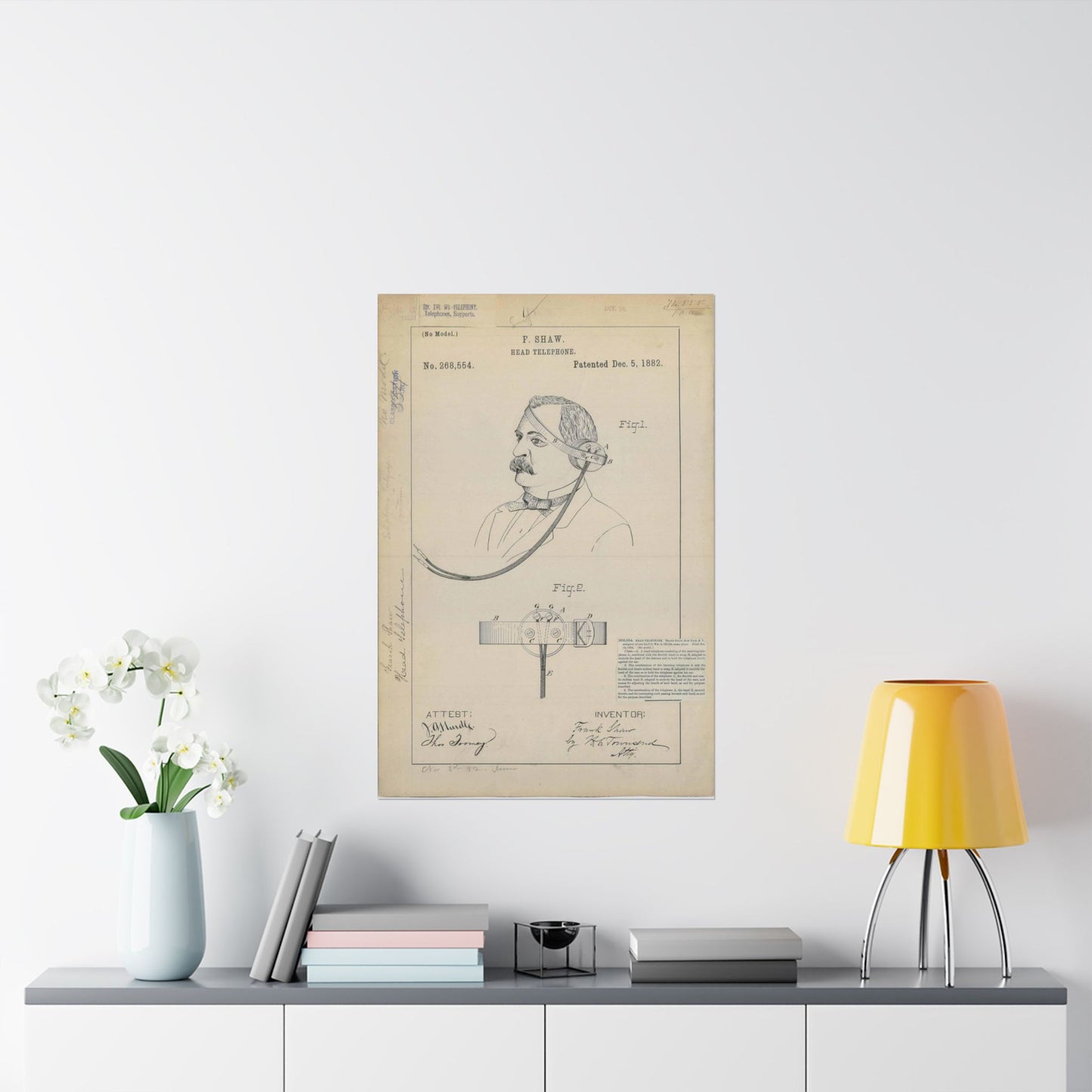Patent drawing - for F. Shaw's Head Telephone Public domain image High Quality Matte Wall Art Poster for Home, Office, Classroom