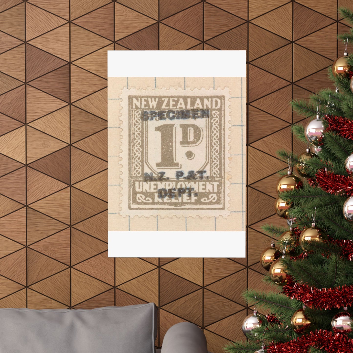 One penny Unemployment Relief stamp overprinted 'Specimen' High Quality Matte Wall Art Poster for Home, Office, Classroom