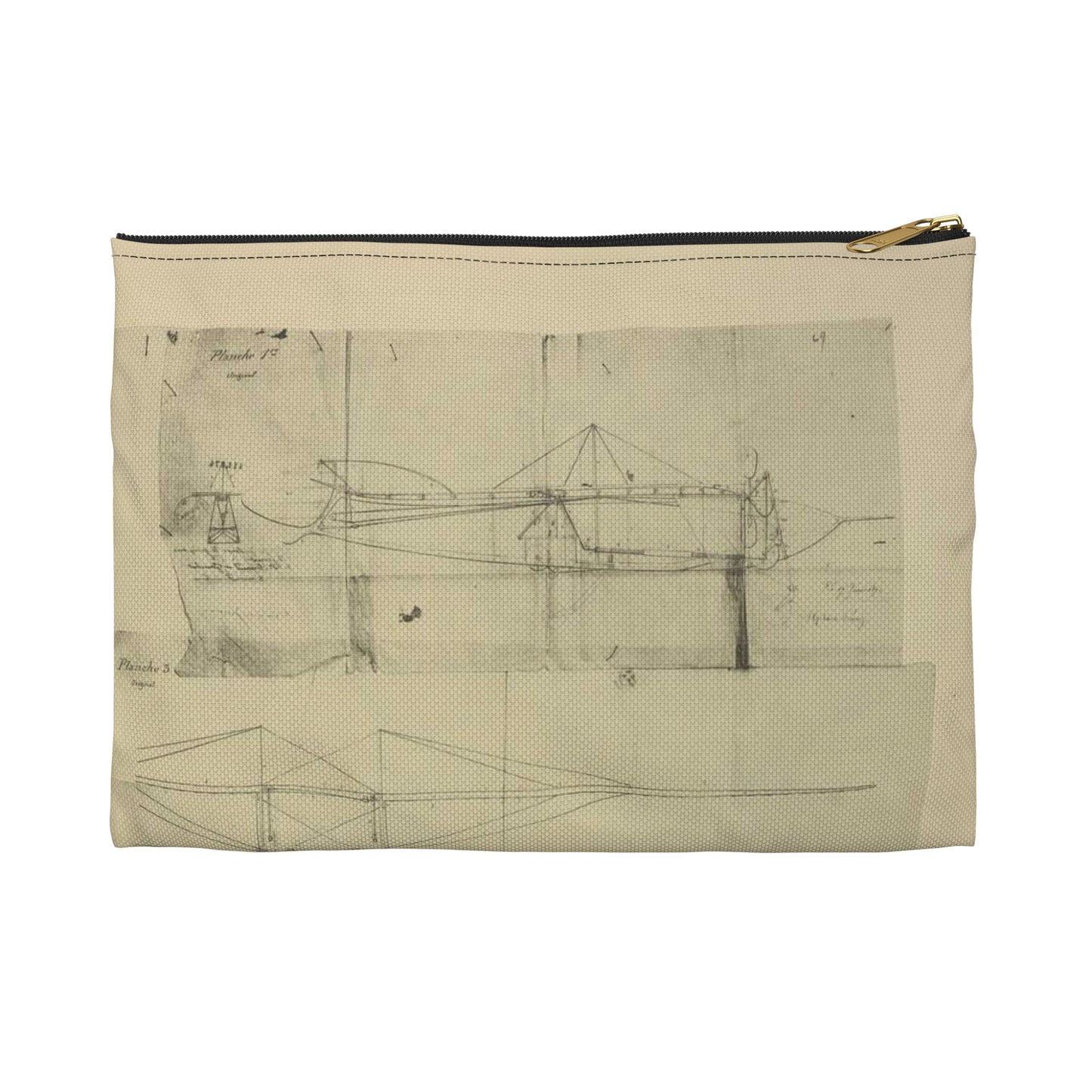 Patent drawing - Planche I et II du brevet n° 111.574 pris en France le 16 février 1876, par Penaud et Gauchot, pour «Un aéro-plane ou appareil aérien volant». Public domain image Large Organizer Pouch with Black Zipper