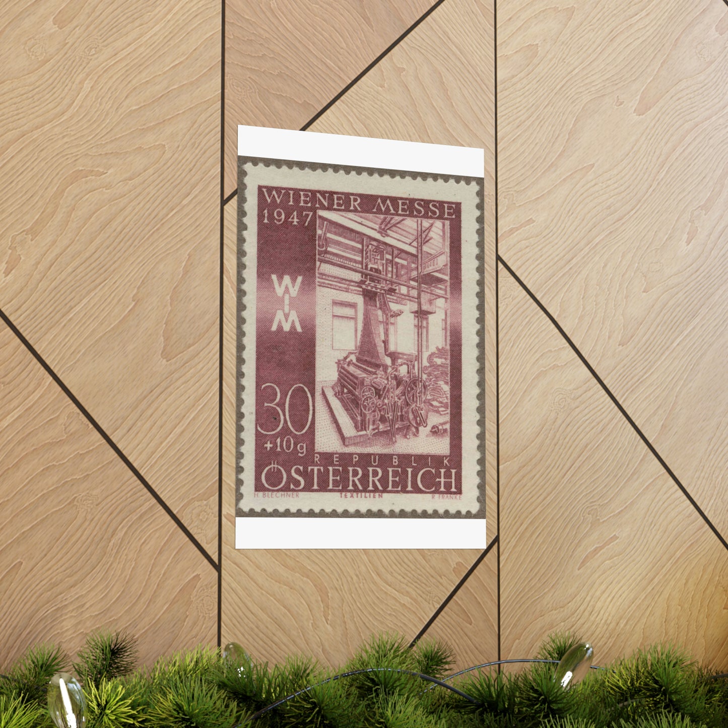 Frimärke ur Gösta Bodmans filatelistiska motivsamling, påbörjad 1950.Frimärke från Österrike, 1947. Motiv av jacquardvävstol i Österrike 1947. "Wienermässan 1947" High Quality Matte Wall Art Poster for Home, Office, Classroom