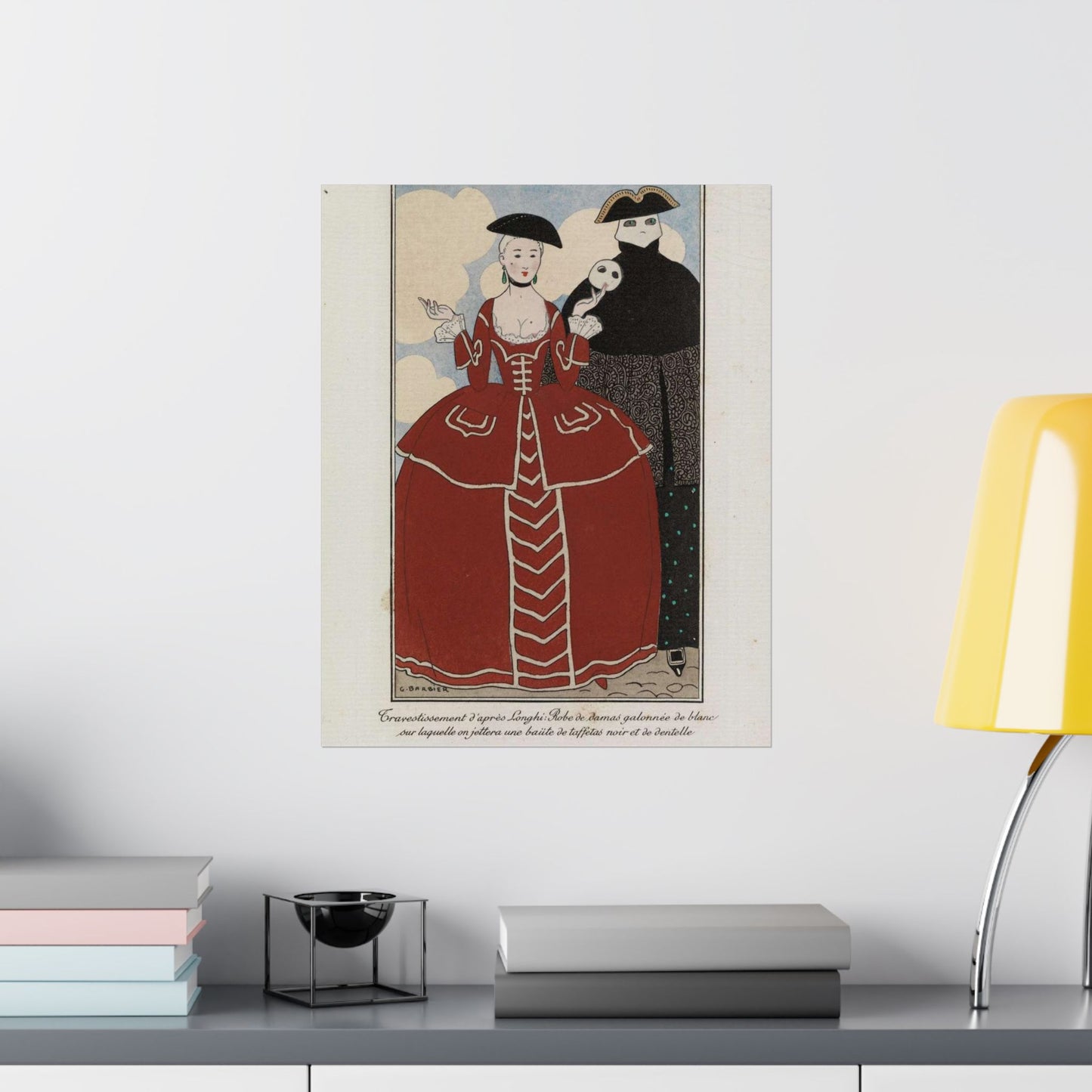 Fancy dress (Travestissement d'aprés Longhi - Robe de damas galonnée de blanc sur laquelle on jettera une baiite de taffetas noir et de dentelle) (CBL WEp 0847) High Quality Matte Wall Art Poster for Home, Office, Classroom