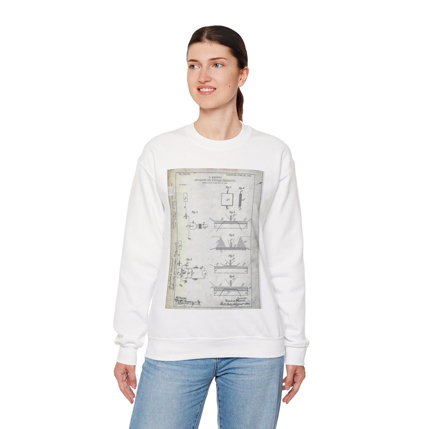 Patent drawing - for G. Marconi's Apparatus for Wireless Telegraphy Public domain image White Heavy Blend Adult Crew Neck SweatShirt