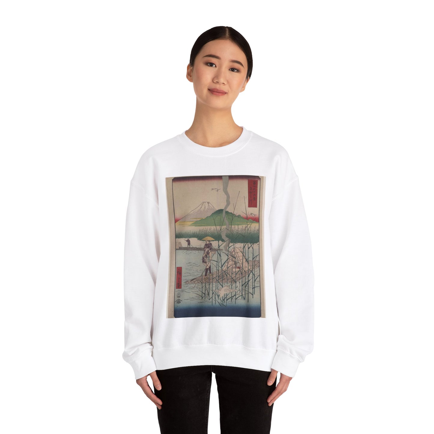 18 - The Sagami River - A painting of a man standing on a boat in a body of water White Heavy Blend Adult Crew Neck SweatShirt