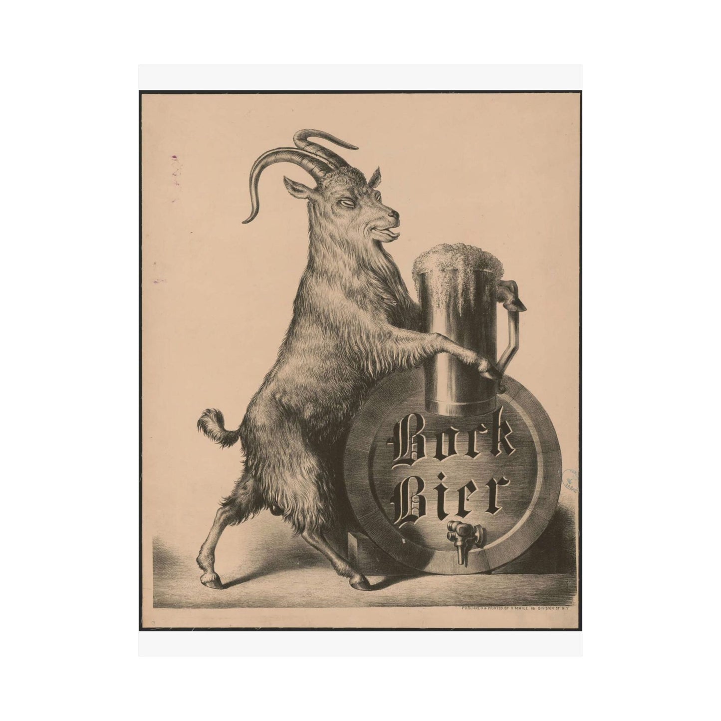Bock Bier goat on hind legs, holding large mug of beer with front hooves High Quality Matte Wall Art Poster for Home, Office, Classroom