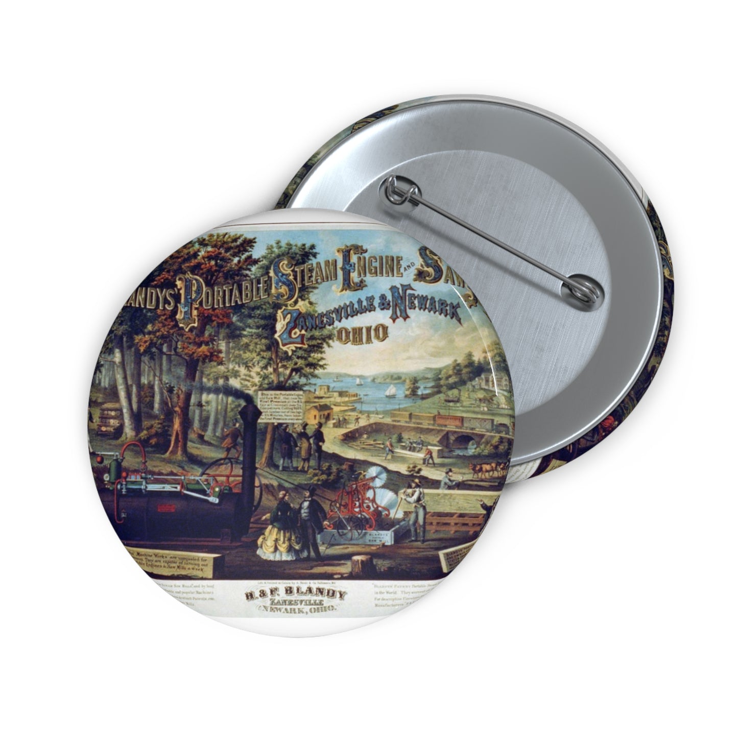 Blandy's portable steam engine and saw mills, Zanesville & Newark Ohio Pin Buttons with Crisp Design