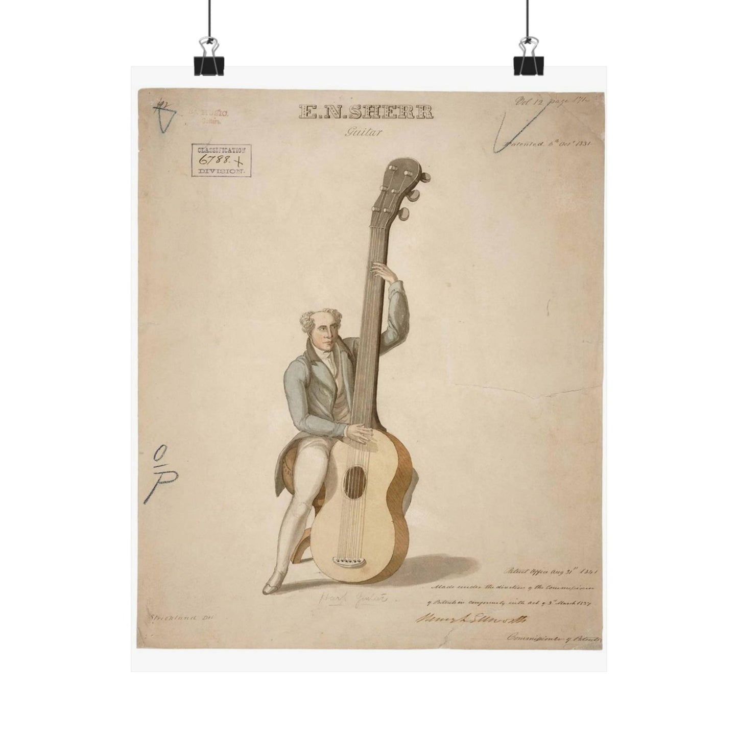 Patent drawing - Drawing of a Harp Guitar Public domain image High Quality Matte Wall Art Poster for Home, Office, Classroom
