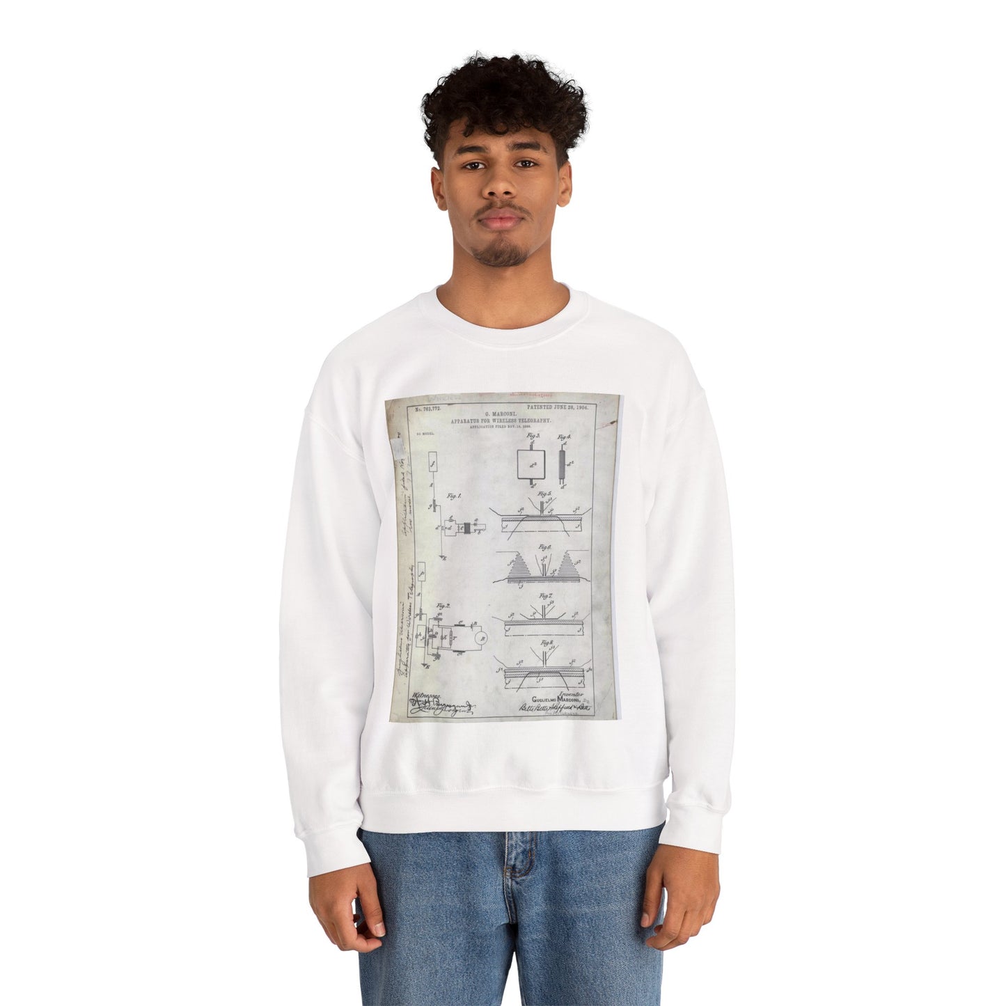 Patent drawing - for G. Marconi's Apparatus for Wireless Telegraphy Public domain image White Heavy Blend Adult Crew Neck SweatShirt