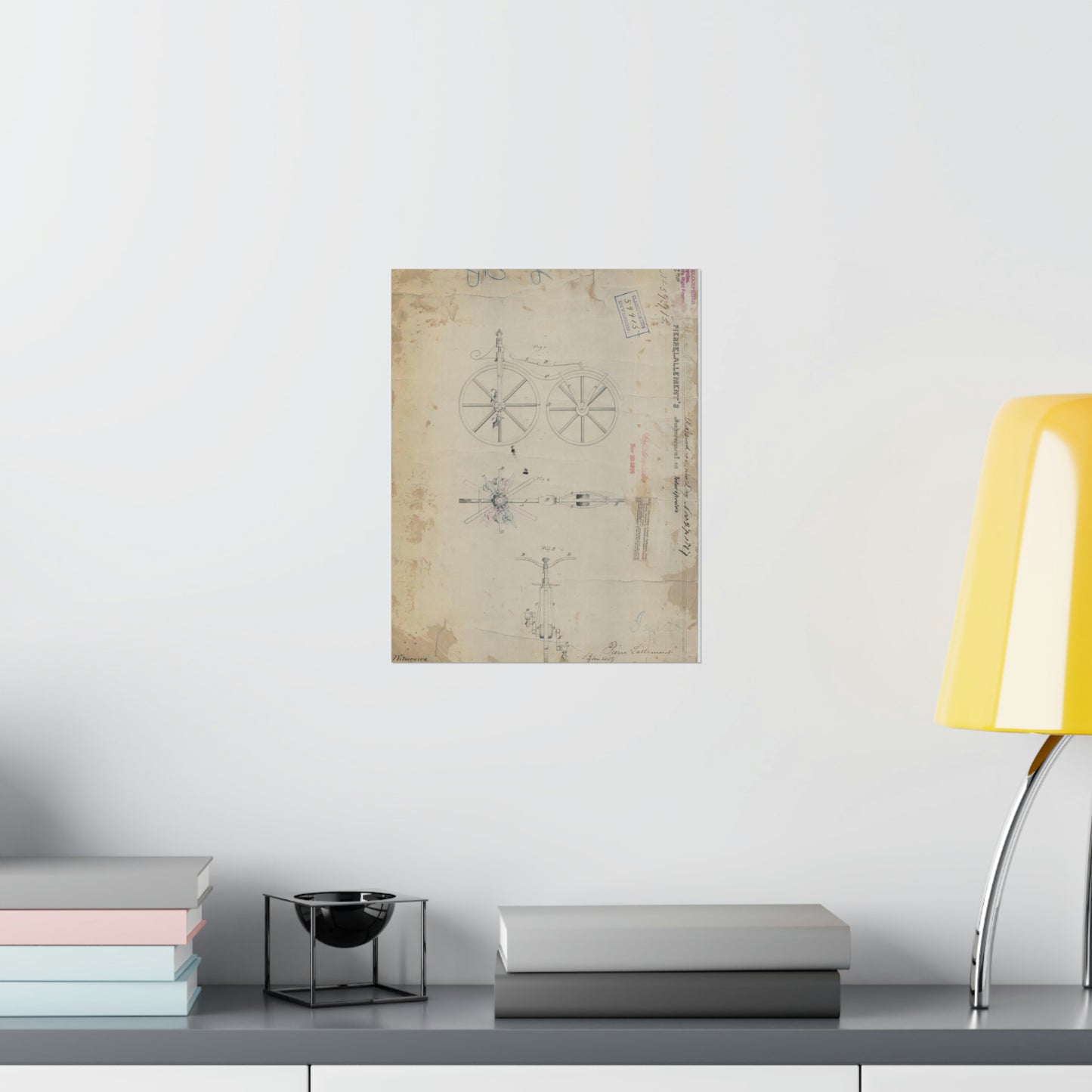 Patent drawing - for Pierre Lallement's Improvement in Velocipedes Public domain image High Quality Matte Wall Art Poster for Home, Office, Classroom