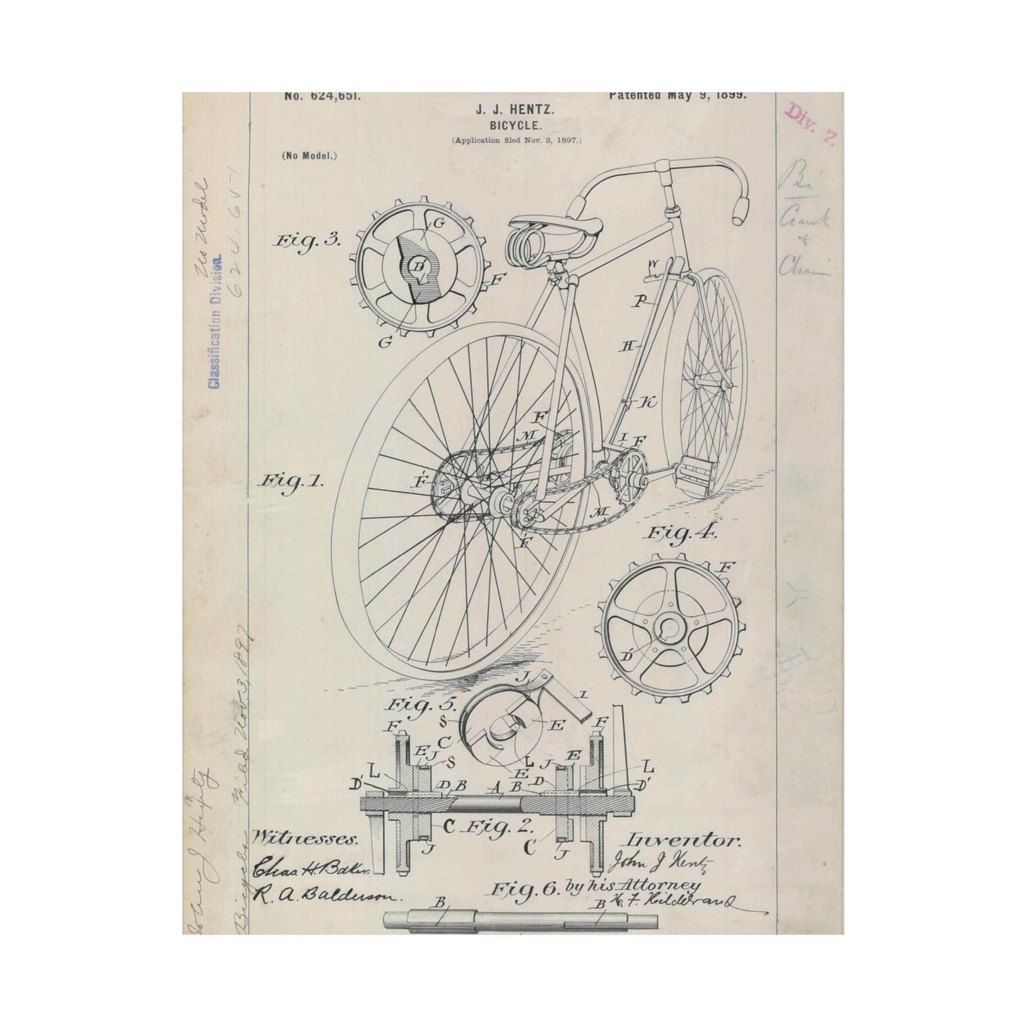 Patent drawing - for J. J. Hentz' Bicycle Public domain image High Quality Matte Wall Art Poster for Home, Office, Classroom