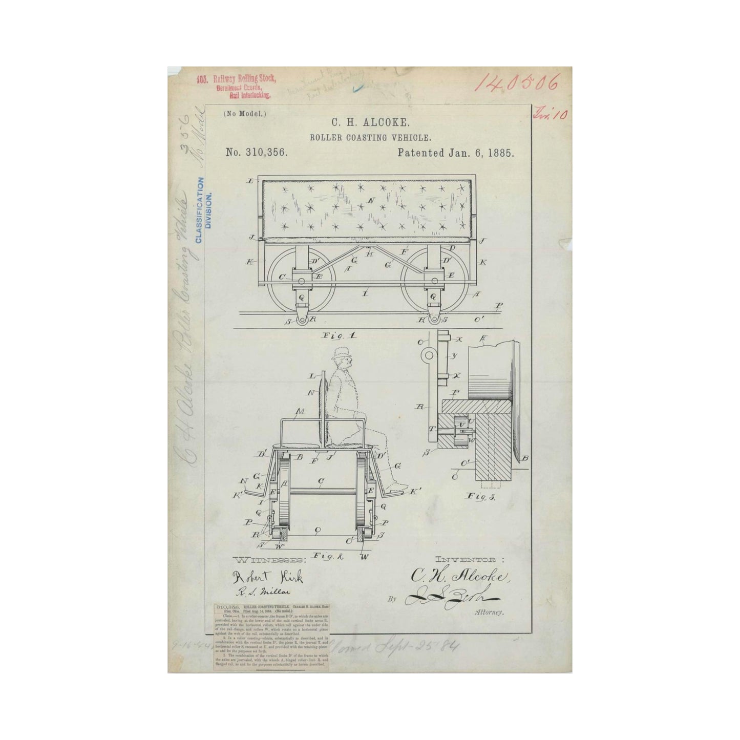 Patent Drawing of Engine - for C. H. Alcoke's Roller Coasting Vehicle Public domain image High Quality Matte Wall Art Poster for Home, Office, Classroom