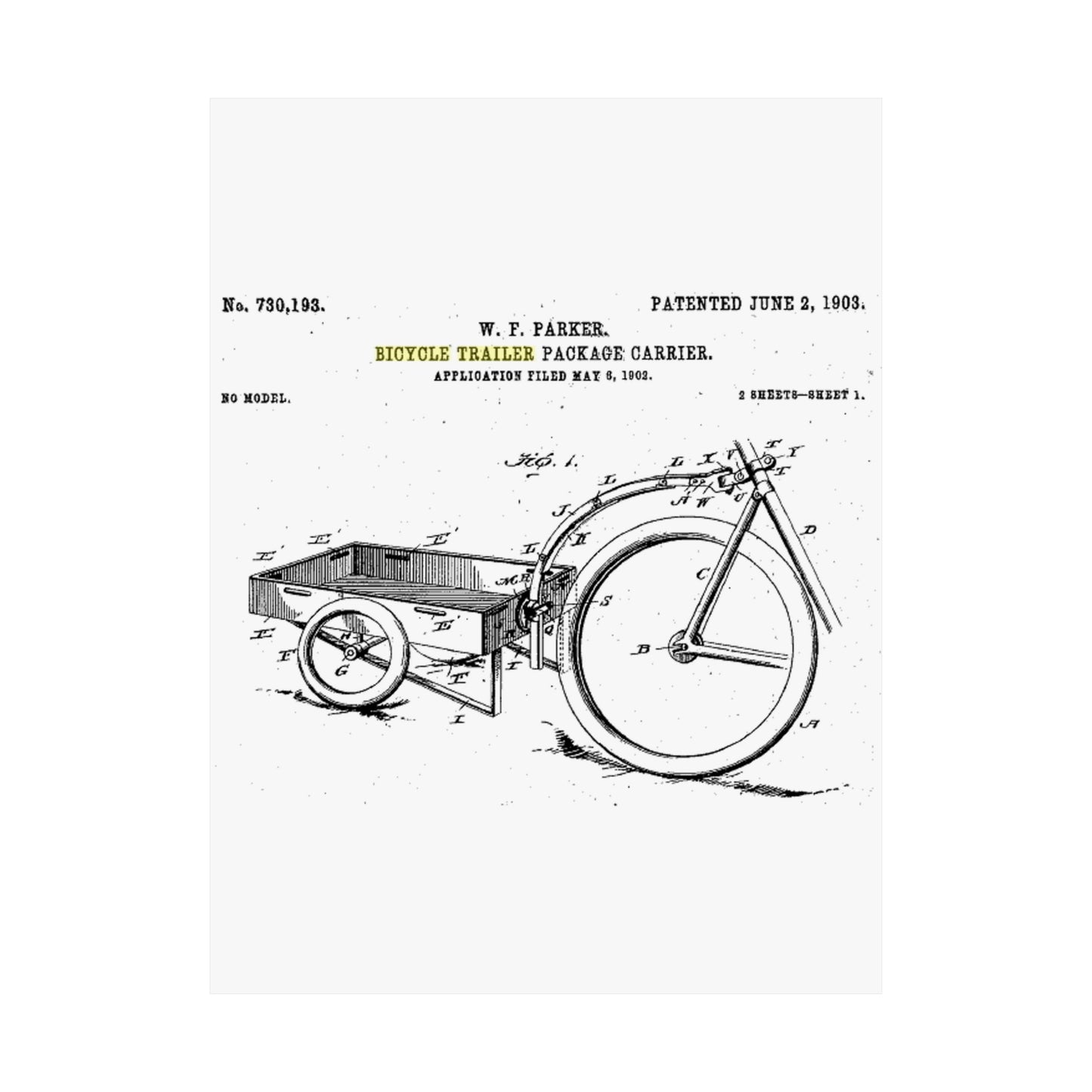 Patent Drawing of Engine - Bicycle Trailer Patent (1903) Public domain image High Quality Matte Wall Art Poster for Home, Office, Classroom