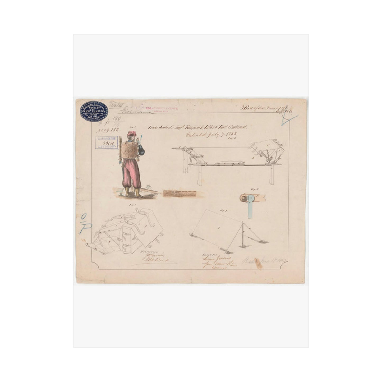 Patent drawing - Drawing of Improved Knapsack, Litter and Tent Combined Public domain image High Quality Matte Wall Art Poster for Home, Office, Classroom