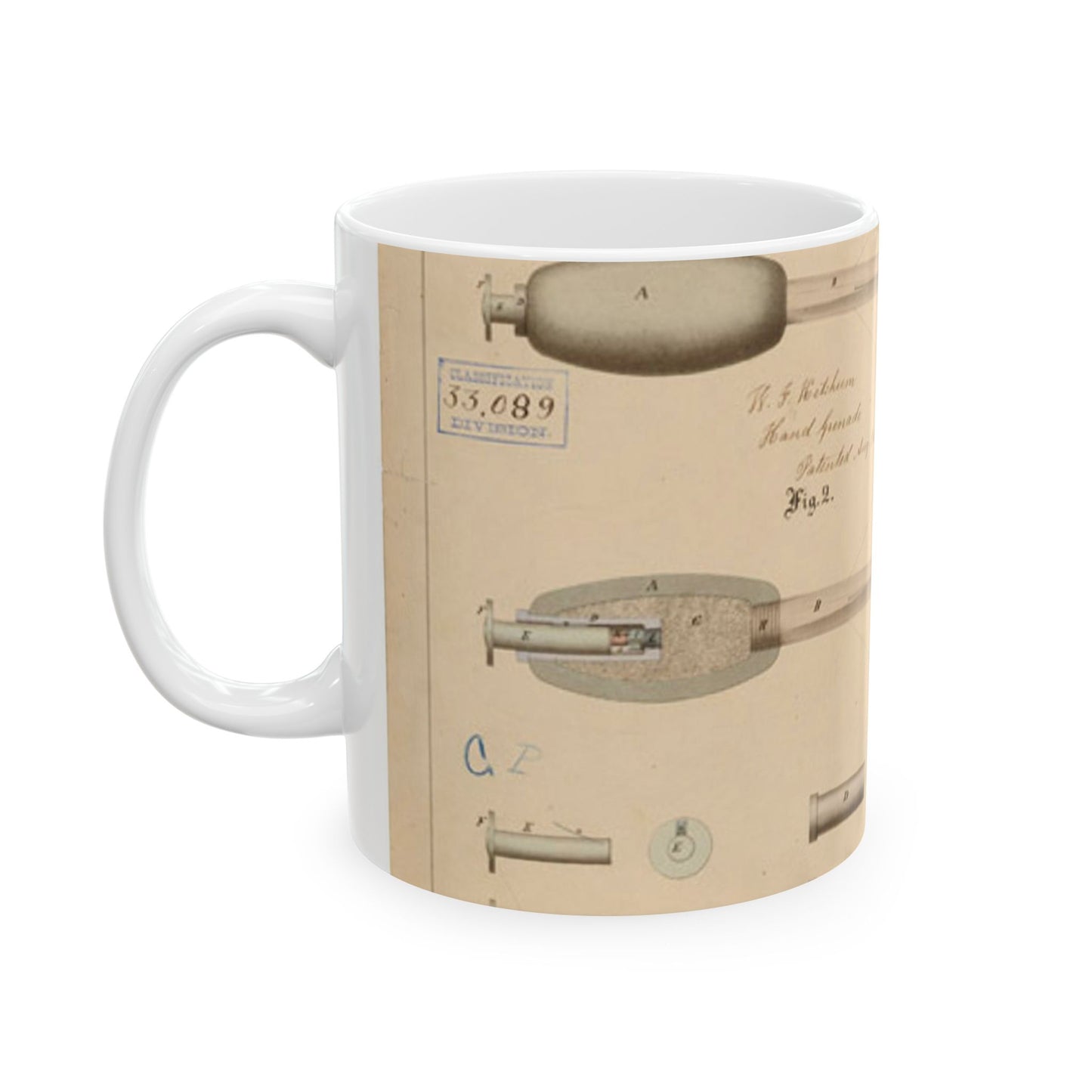 Patent Drawing of Engine - Drawing of Hand Grenade Public domain image Beautiful Novelty Ceramic Coffee Mug 11oz