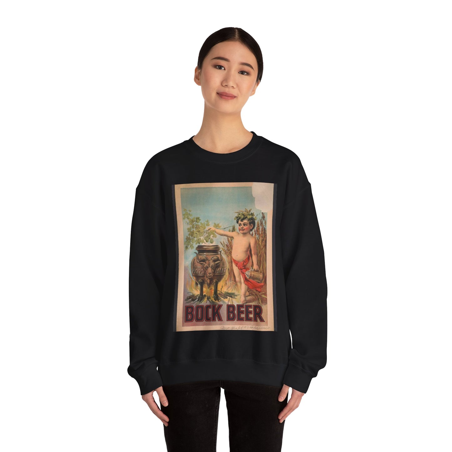 Bock beer boy standing to the right of a vat, which is inscribed hops malt, holding hops over the vat Black Heavy Blend Adult Crew Neck SweatShirt