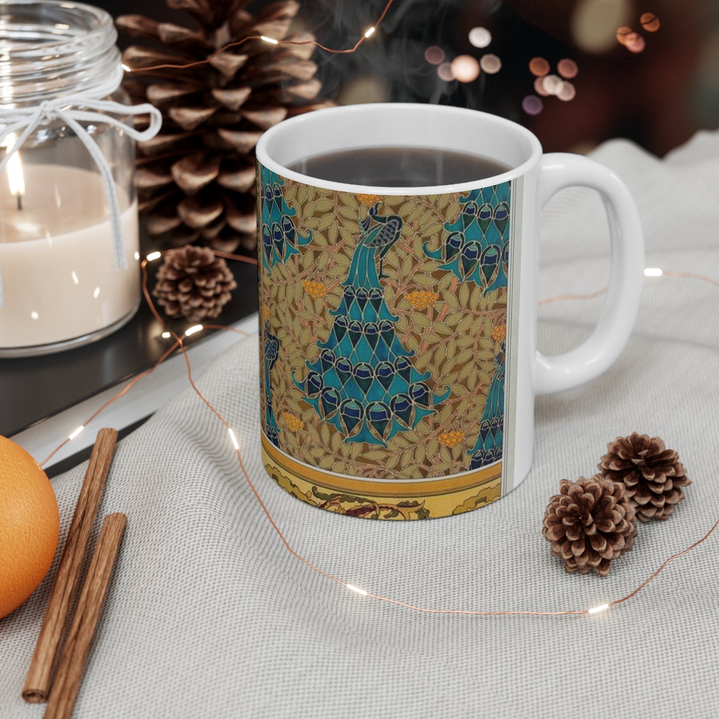Paons dans les sorbiers, pochoir; poissons et algues, bordure Beautiful Novelty Ceramic Coffee Mug 11oz