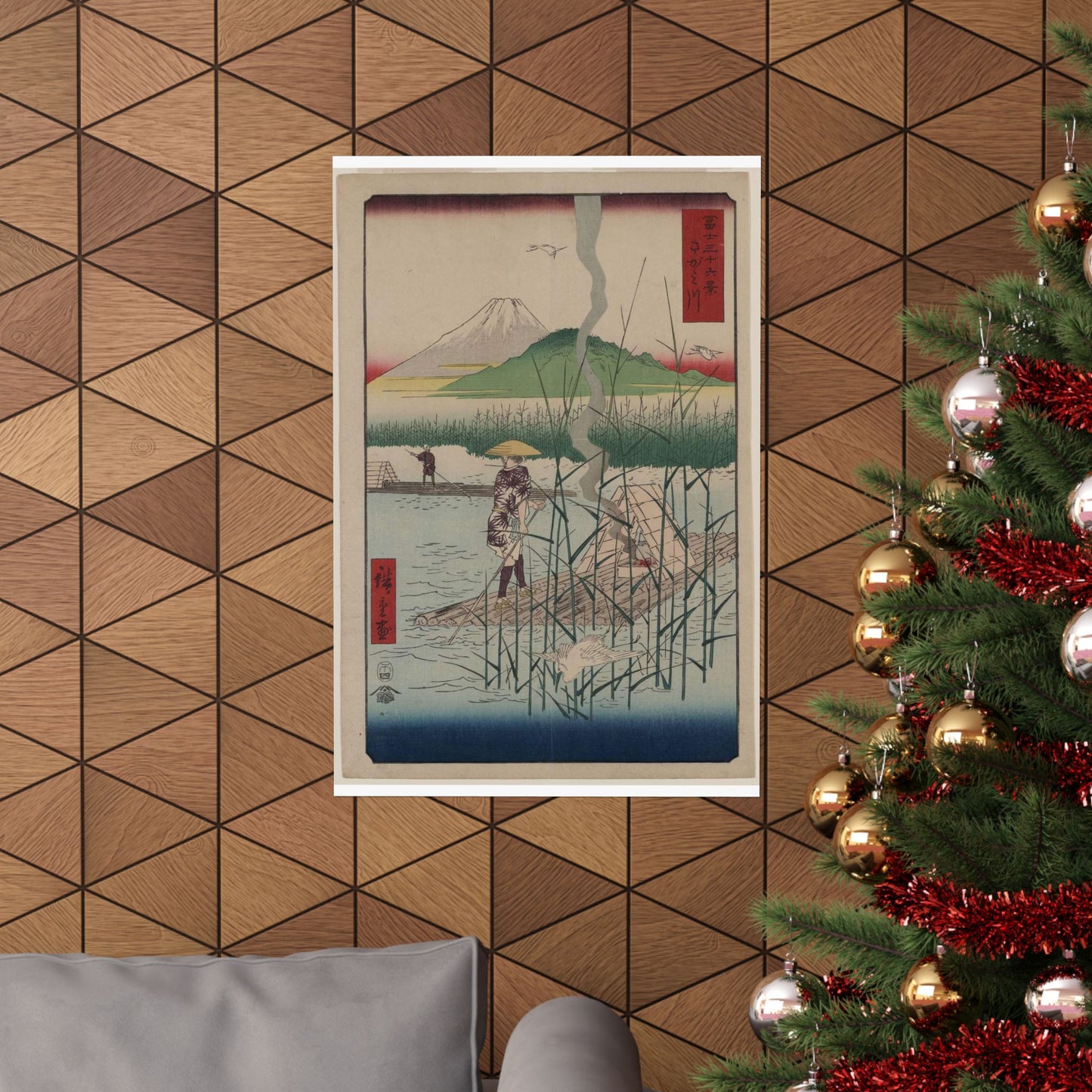 18 - The Sagami River - A painting of a man standing on a boat in a body of water High Quality Matte Wall Art Poster for Home, Office, Classroom