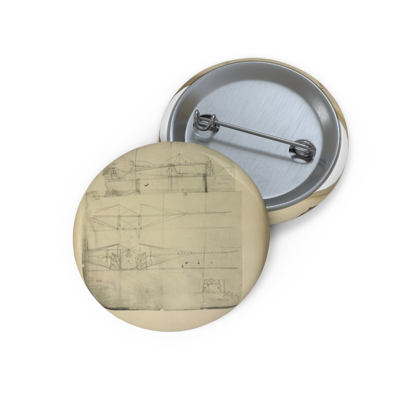 Patent drawing - Planche I et II du brevet n° 111.574 pris en France le 16 février 1876, par Penaud et Gauchot, pour «Un aéro-plane ou appareil aérien volant». Public domain image Pin Buttons with Crisp Design