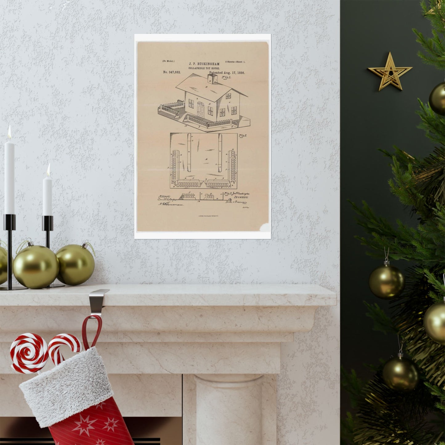 Patent Drawing of Engine - Drawing for a Collapsible Toy House Public domain image High Quality Matte Wall Art Poster for Home, Office, Classroom