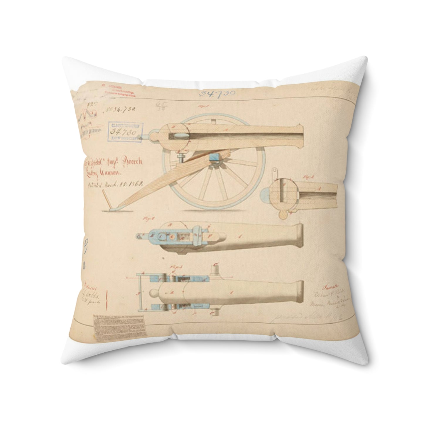 Patent drawing - Drawing of Improved Breech Loading Cannon Public domain image Decorative Accent Square Pillow