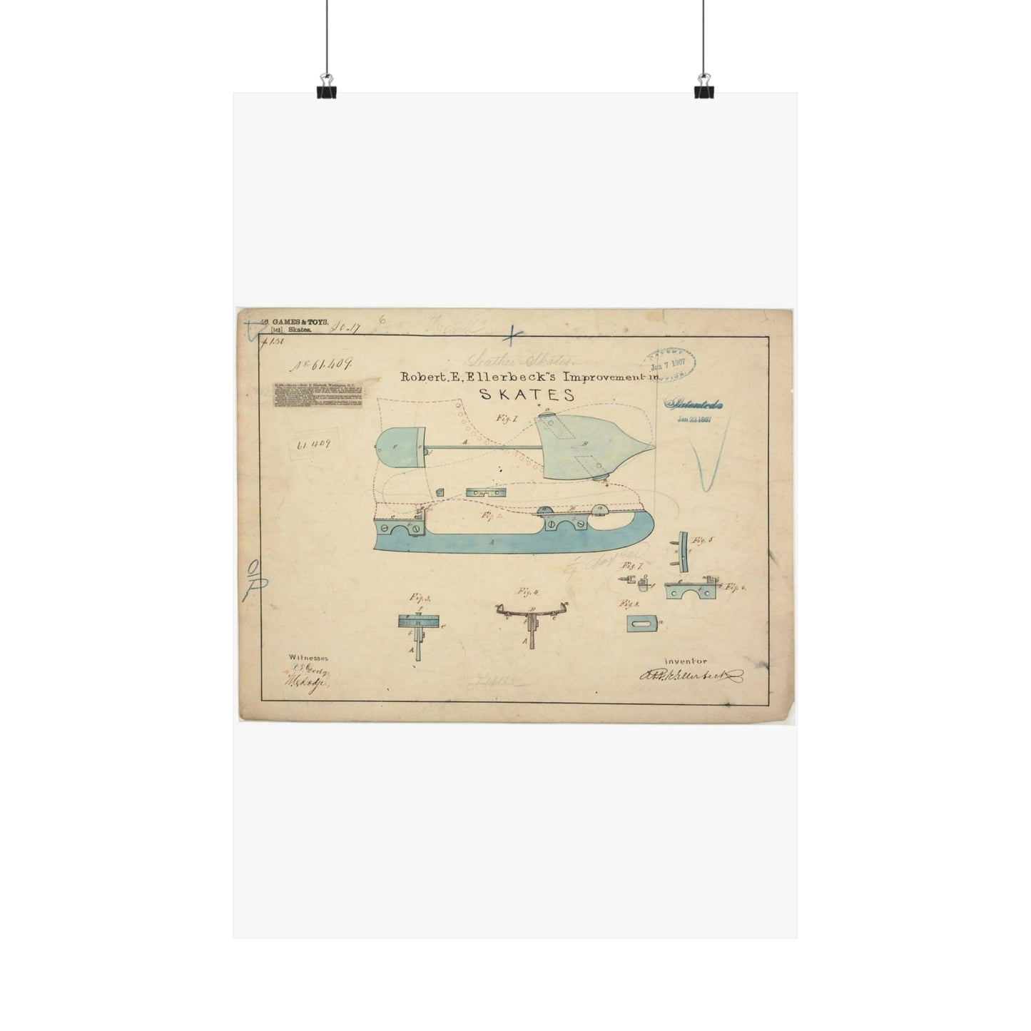 Patent drawing - Drawing of Improvement in Skates Public domain image High Quality Matte Wall Art Poster for Home, Office, Classroom