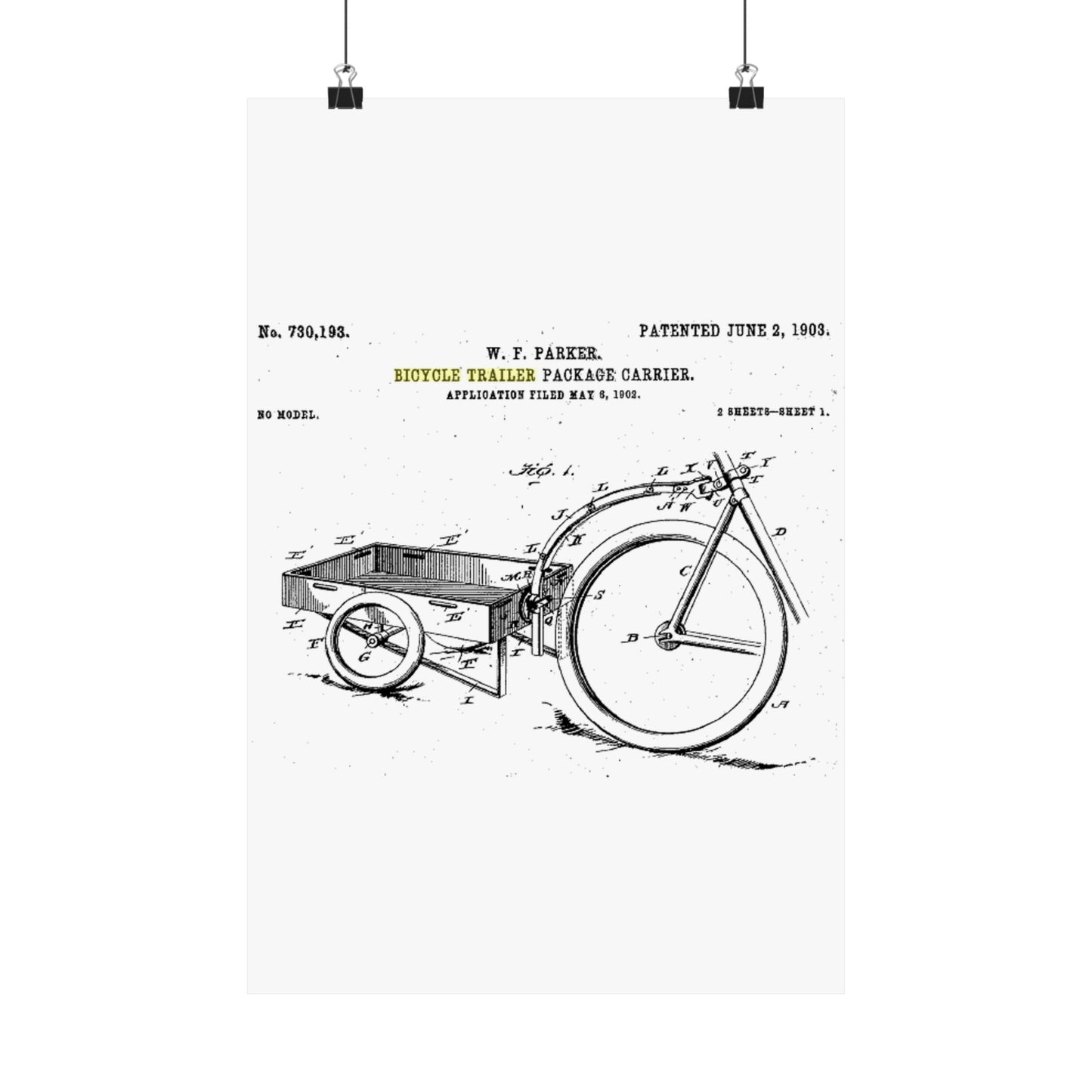 Patent Drawing of Engine - Bicycle Trailer Patent (1903) Public domain image High Quality Matte Wall Art Poster for Home, Office, Classroom