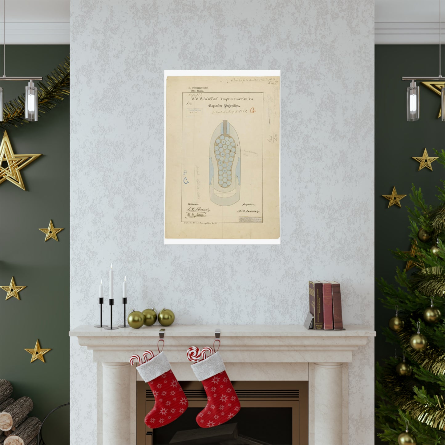 Patent drawing - Drawing of Improvements in Explosive Projectiles Public domain image High Quality Matte Wall Art Poster for Home, Office, Classroom