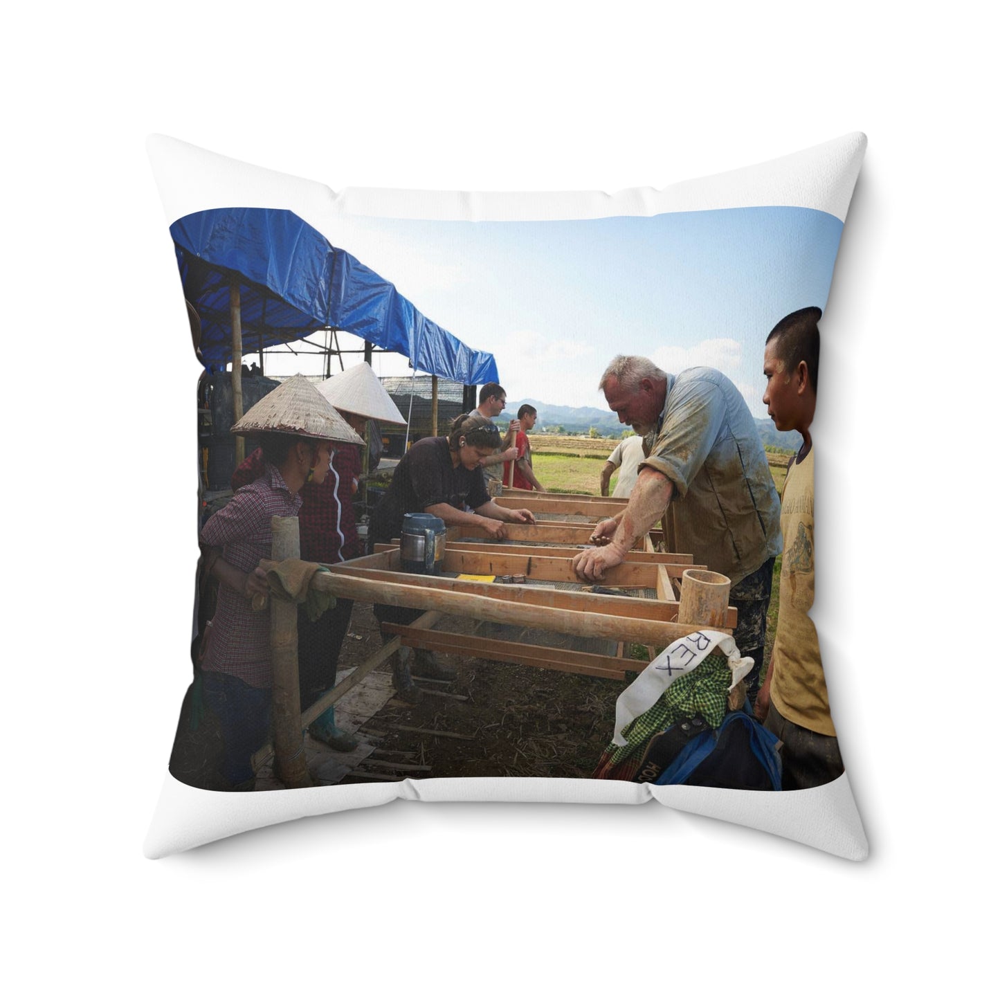 Local workers gather around Dr. Kimberly Maeyama, Defense Decorative Accent Square Pillow