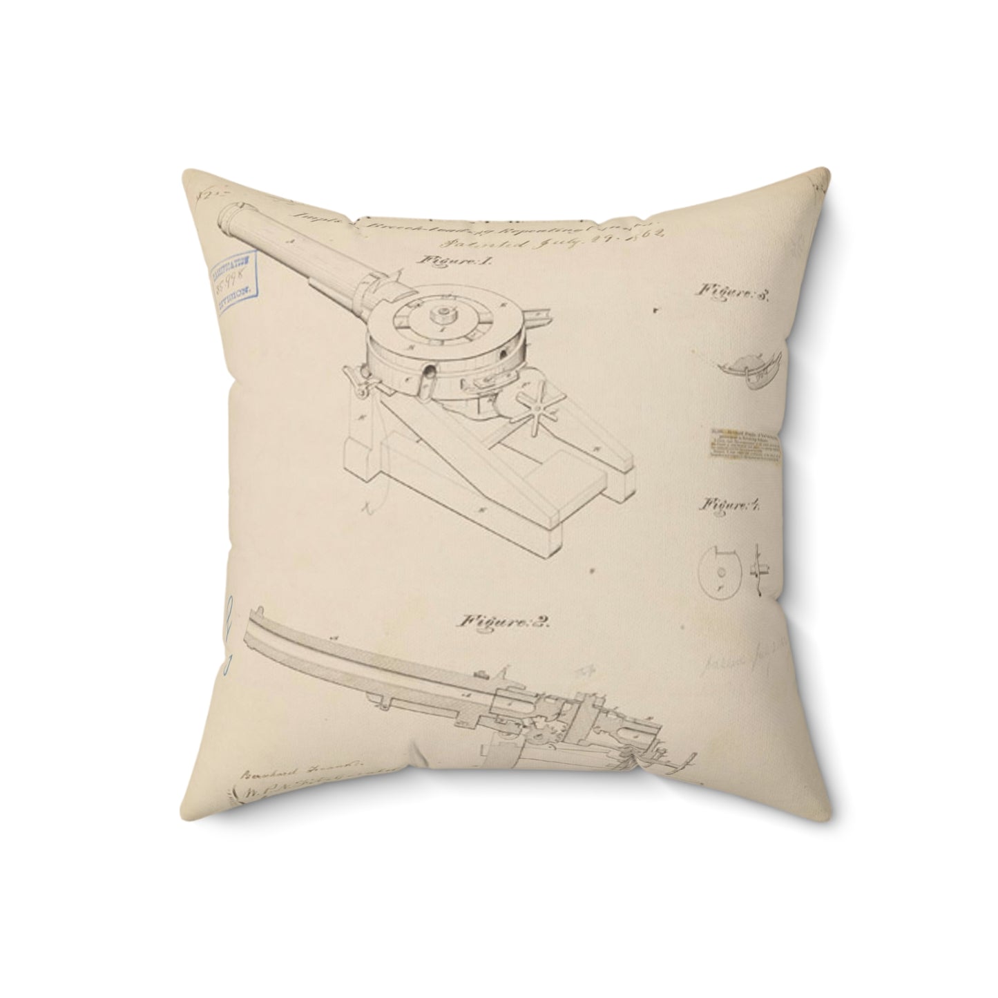 Patent drawing - Drawing of Improvements in Breech-Loading Repeating Cannon Public domain image Decorative Accent Square Pillow