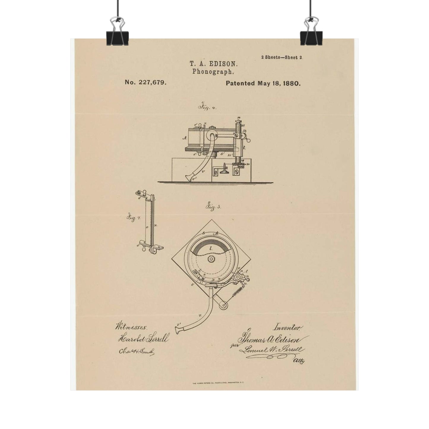 Patent Drawing of Engine - Drawing for a Phonograph Public domain image High Quality Matte Wall Art Poster for Home, Office, Classroom