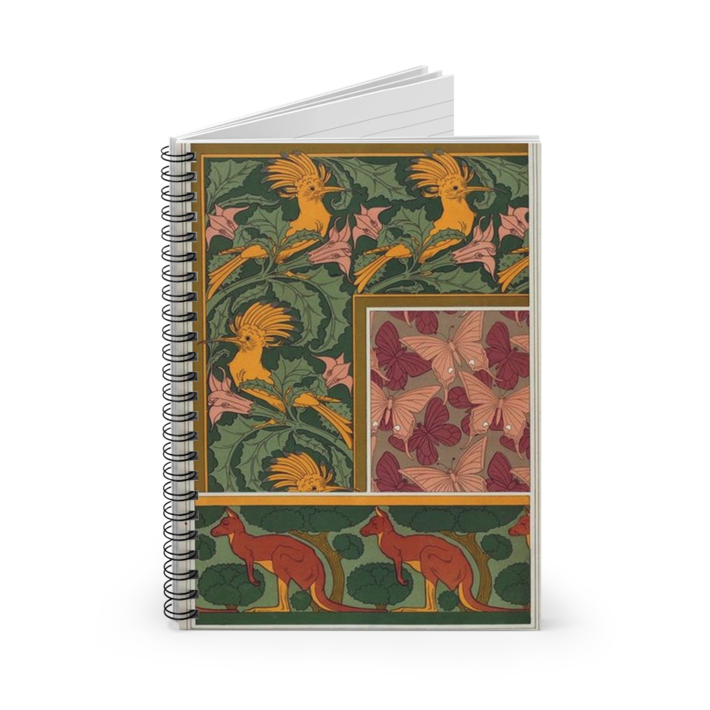 Huppes et stramoine, bordure. Papillons, étoffe de soie. Kangourou et arbres, bordure. Spiral Bound Ruled Notebook with Printed Cover