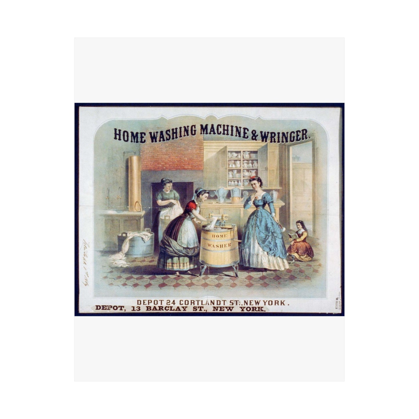 Home washing machine & wringer - A painting of women washing machines in a kitchen High Quality Matte Wall Art Poster for Home, Office, Classroom