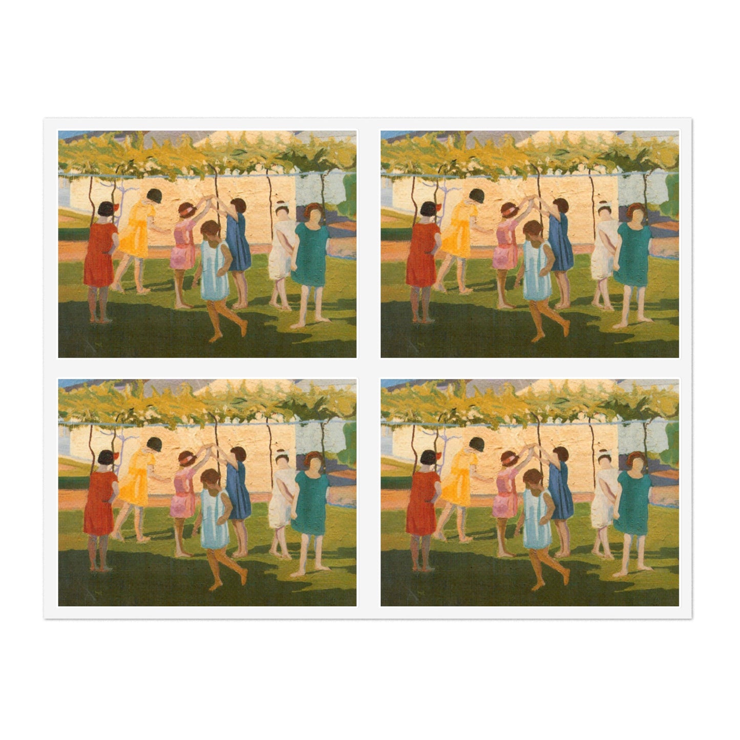 Petrona Viera - A painting of a group of children playing with a kite Laminated UV Protective Vinyl Stickers