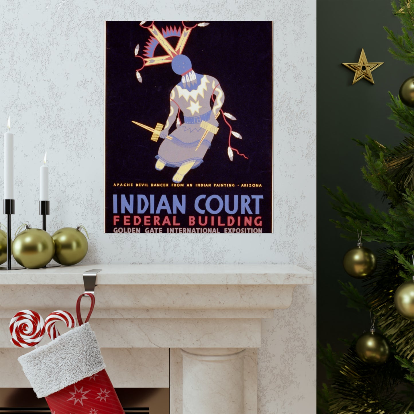 Indian court, Federal Building, Golden Gate International Exposition, San Francisco, 1939 Apache devil dancer from an Indian painting, Arizona / / Siegriest. High Quality Matte Wall Art Poster for Home, Office, Classroom