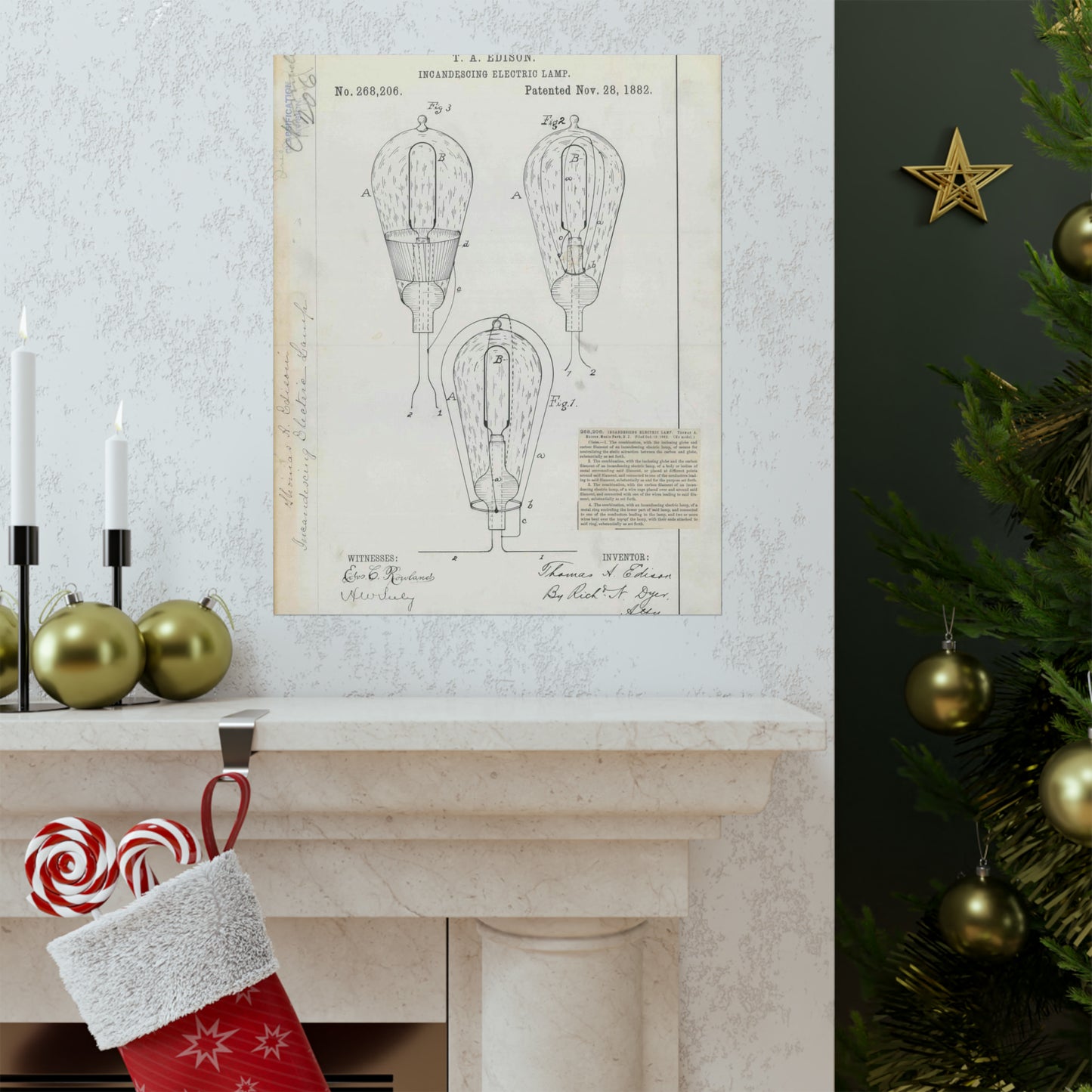 Patent drawing - for T. A. Edison's Incandescing Electric Lamp Public domain image High Quality Matte Wall Art Poster for Home, Office, Classroom
