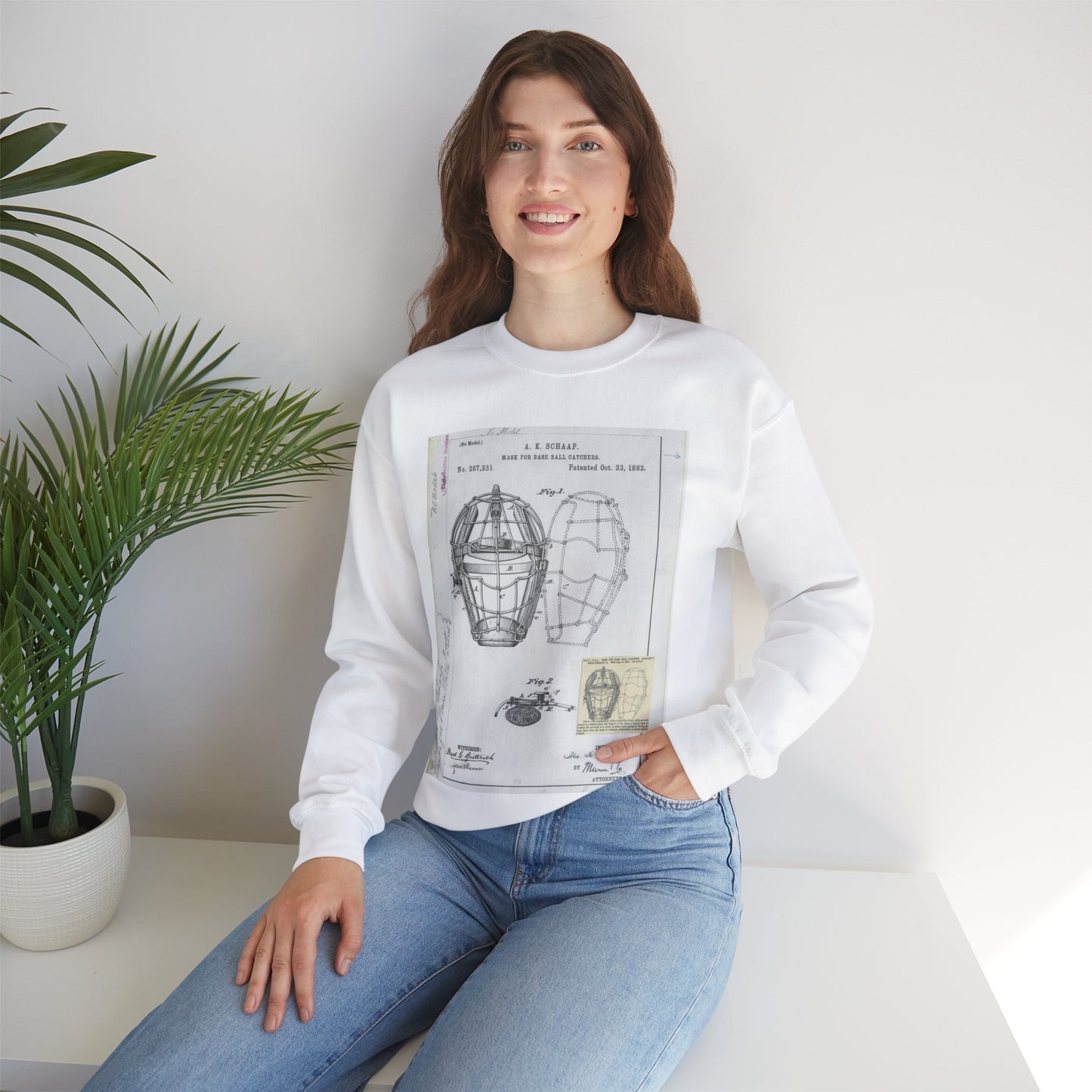 Patent drawing - Drawing of a "Mask for Base Ball Catchers" Public domain image White Heavy Blend Adult Crew Neck SweatShirt