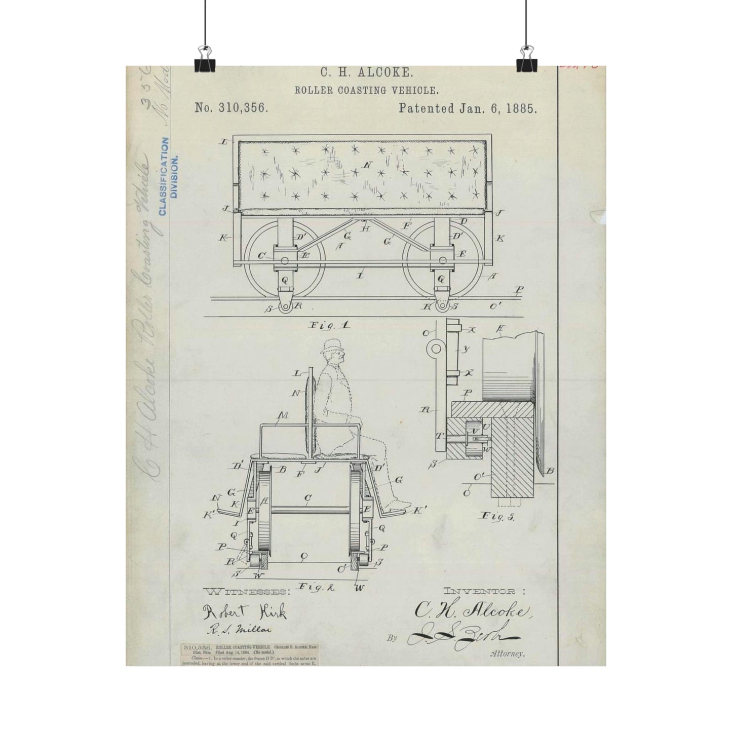 Patent Drawing of Engine - for C. H. Alcoke's Roller Coasting Vehicle Public domain image High Quality Matte Wall Art Poster for Home, Office, Classroom