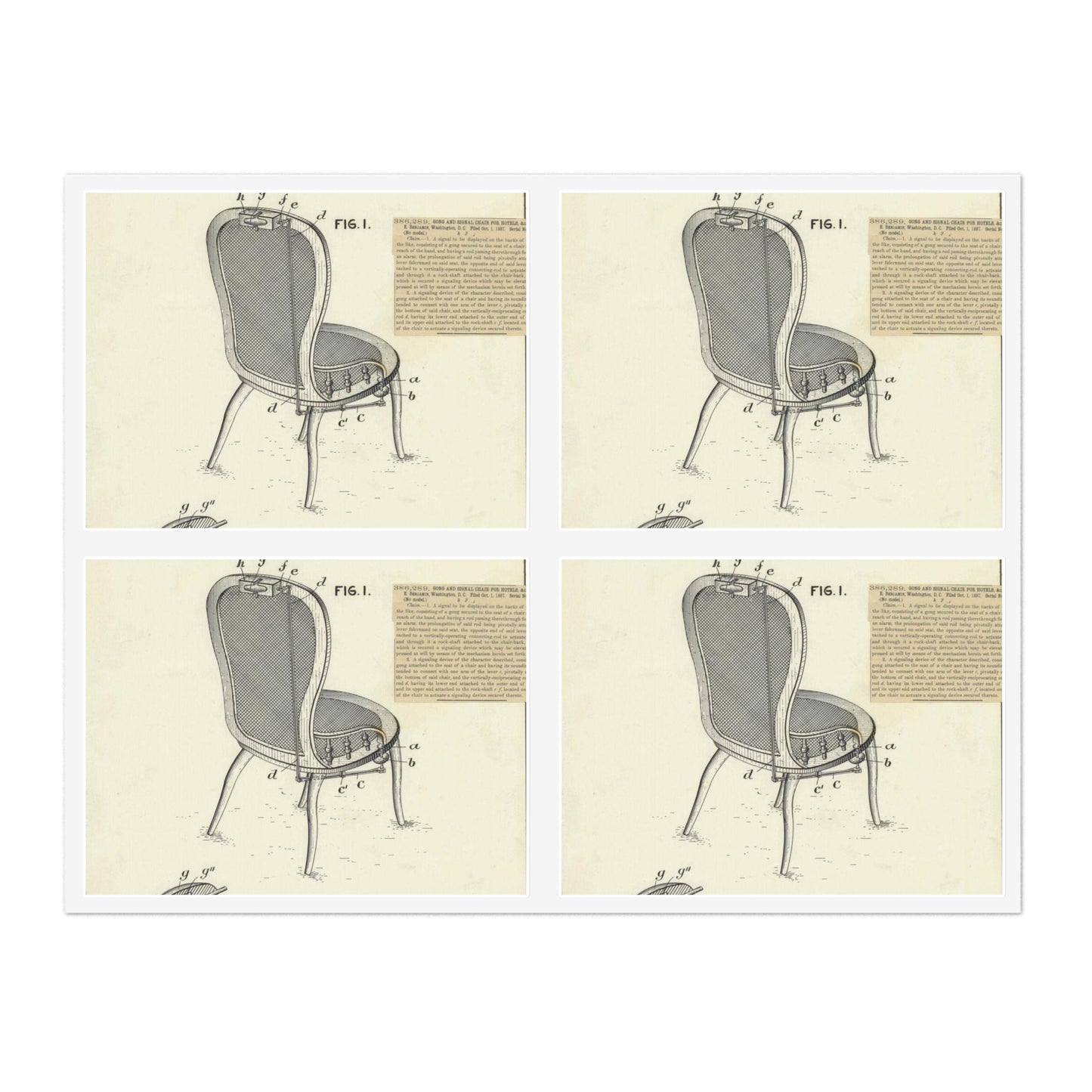 Patent drawing - for M. E. Benjamin's Gong and Signal Chair for Hotels Public domain image Laminated UV Protective Vinyl Stickers