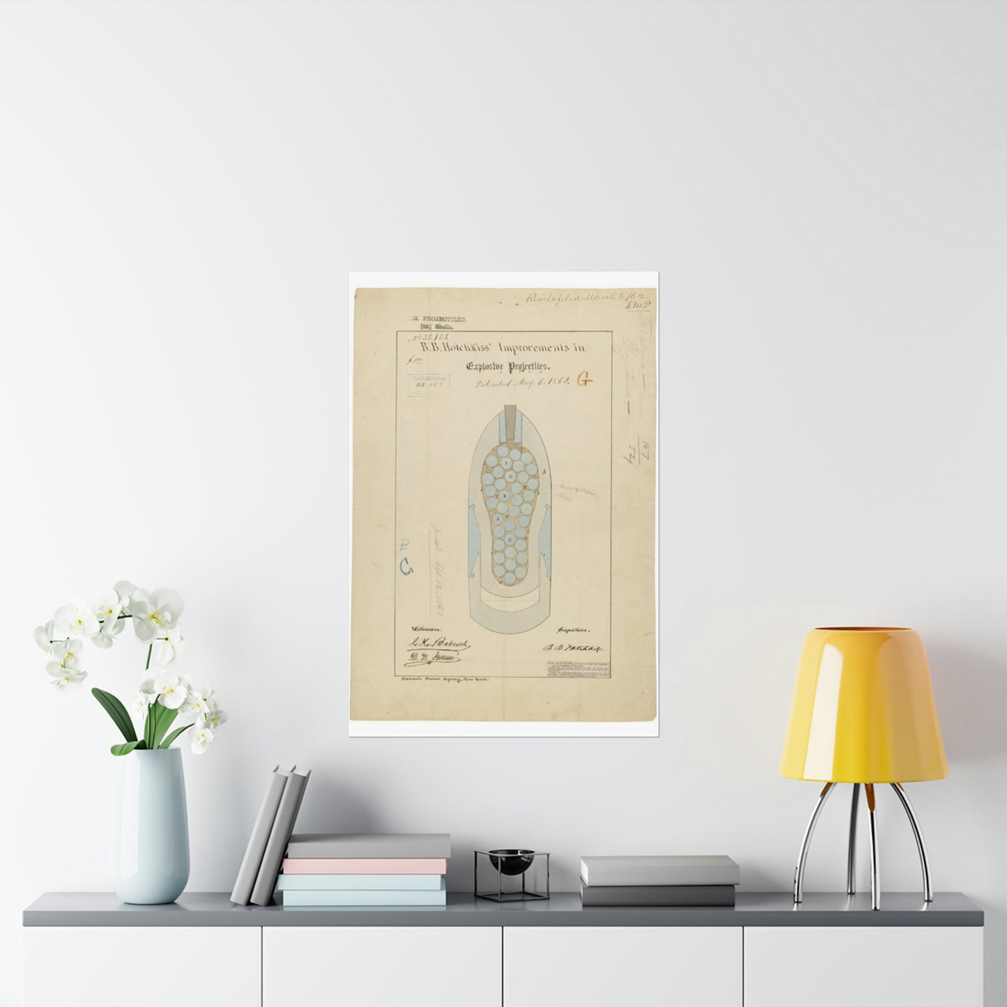 Patent drawing - Drawing of Improvements in Explosive Projectiles Public domain image High Quality Matte Wall Art Poster for Home, Office, Classroom