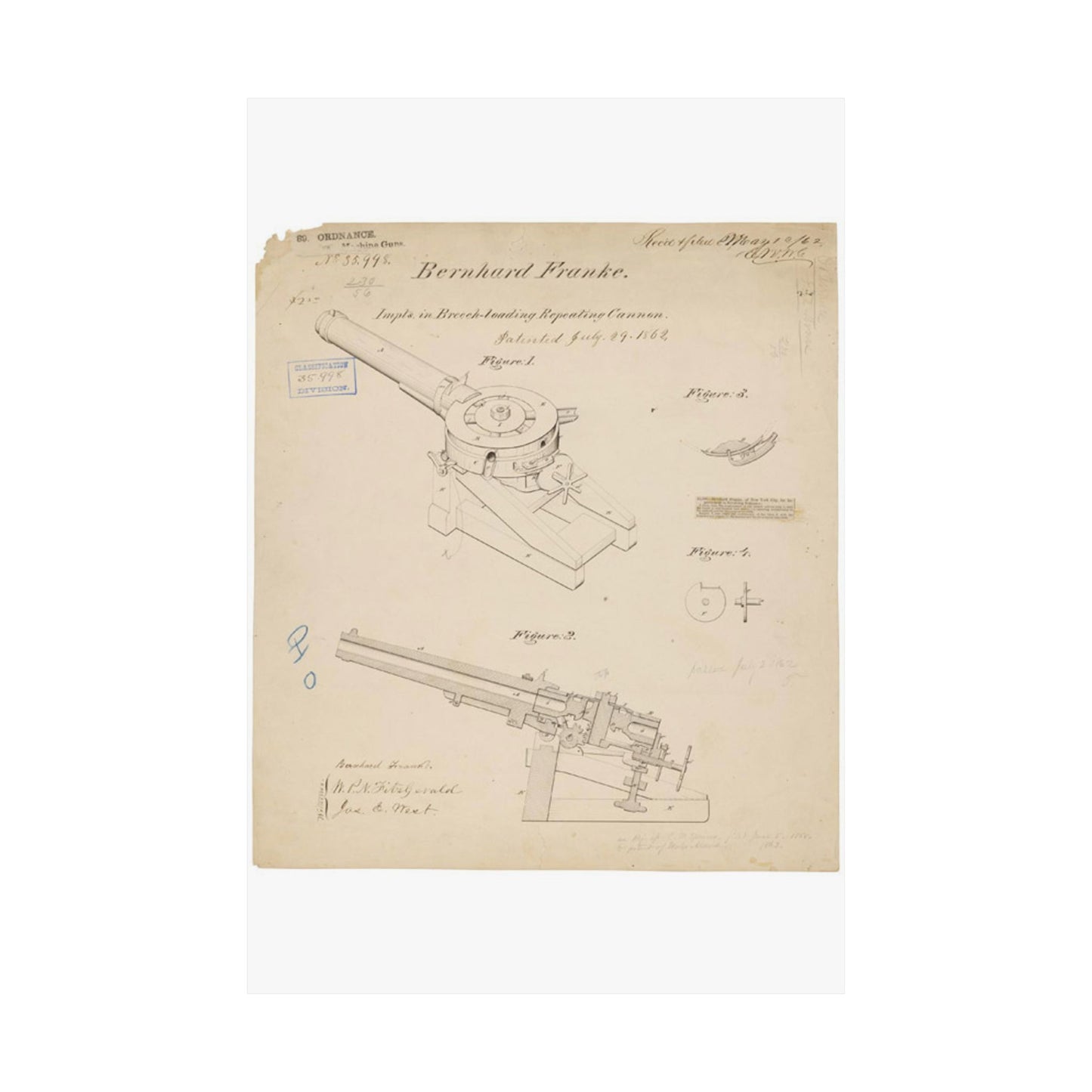 Patent drawing - Drawing of Improvements in Breech-Loading Repeating Cannon Public domain image High Quality Matte Wall Art Poster for Home, Office, Classroom