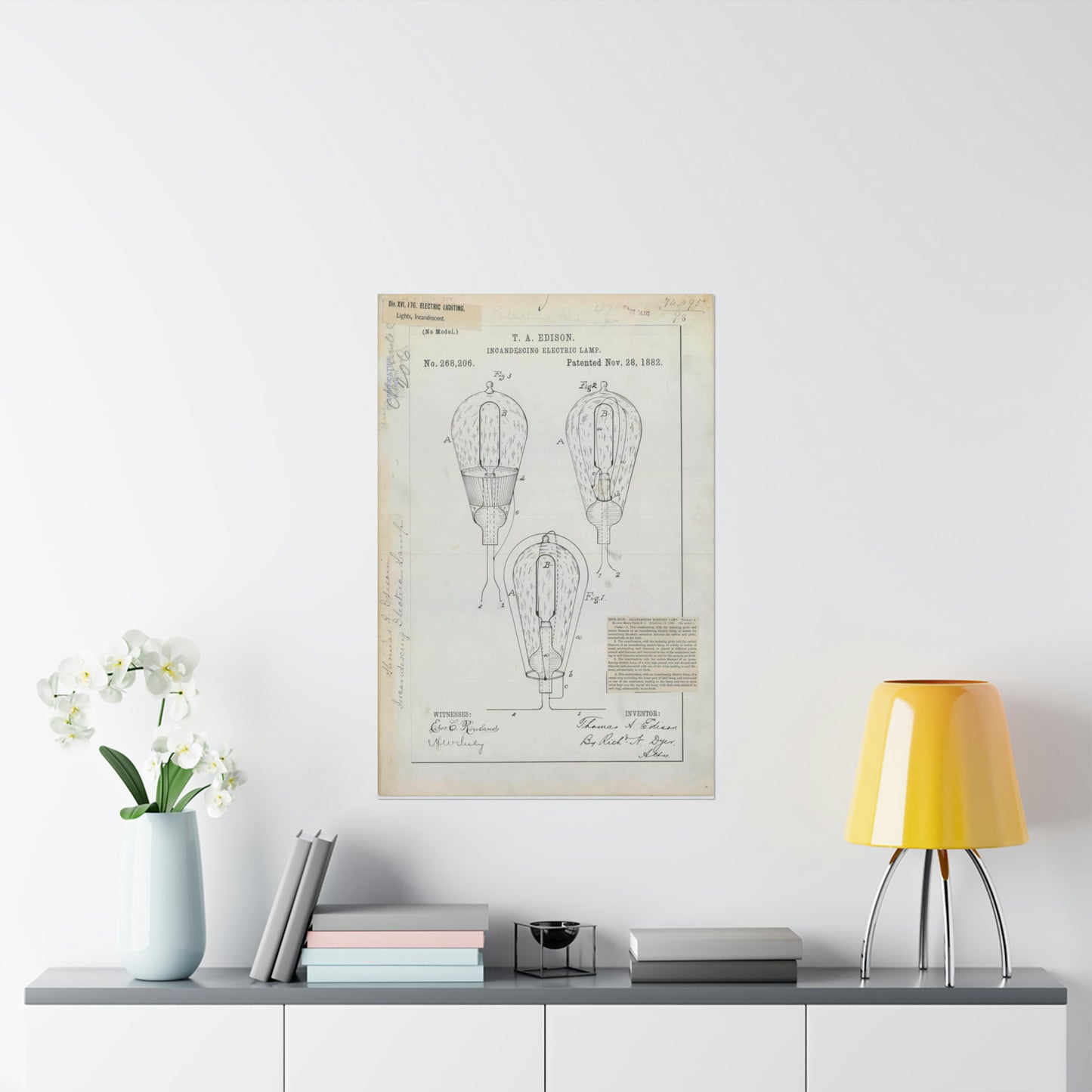 Patent drawing - for T. A. Edison's Incandescing Electric Lamp Public domain image High Quality Matte Wall Art Poster for Home, Office, Classroom