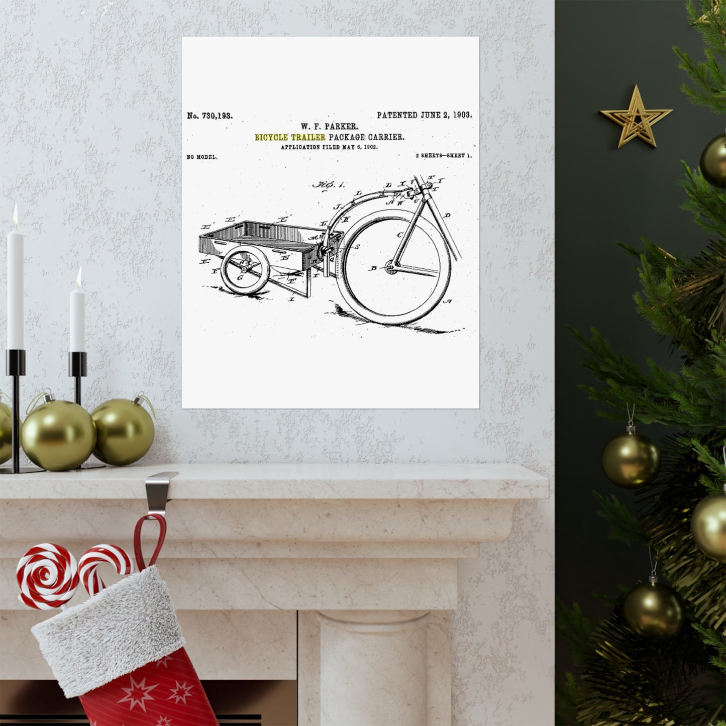 Patent Drawing of Engine - Bicycle Trailer Patent (1903) Public domain image High Quality Matte Wall Art Poster for Home, Office, Classroom