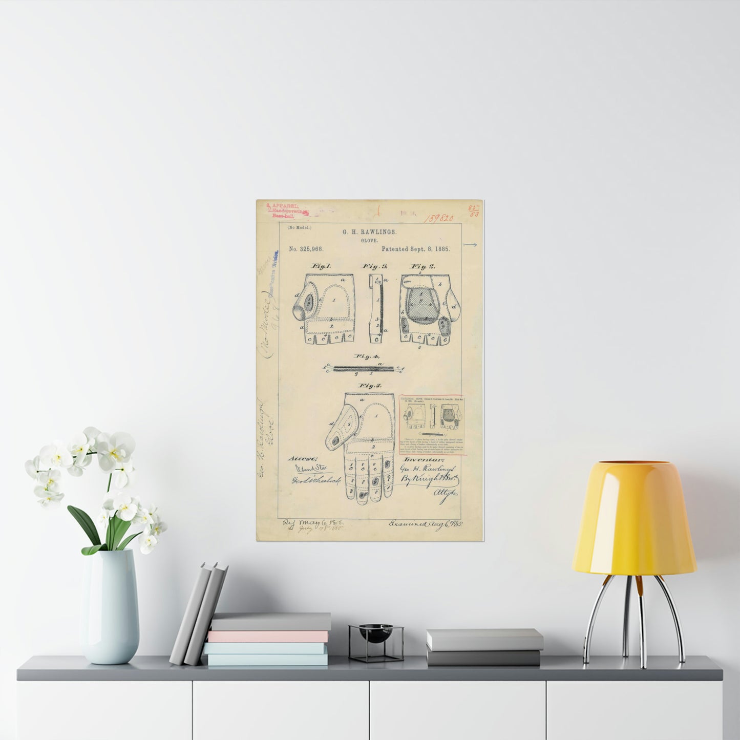 Patent drawing - Drawing for a "Base Ball Glove" Public domain image High Quality Matte Wall Art Poster for Home, Office, Classroom