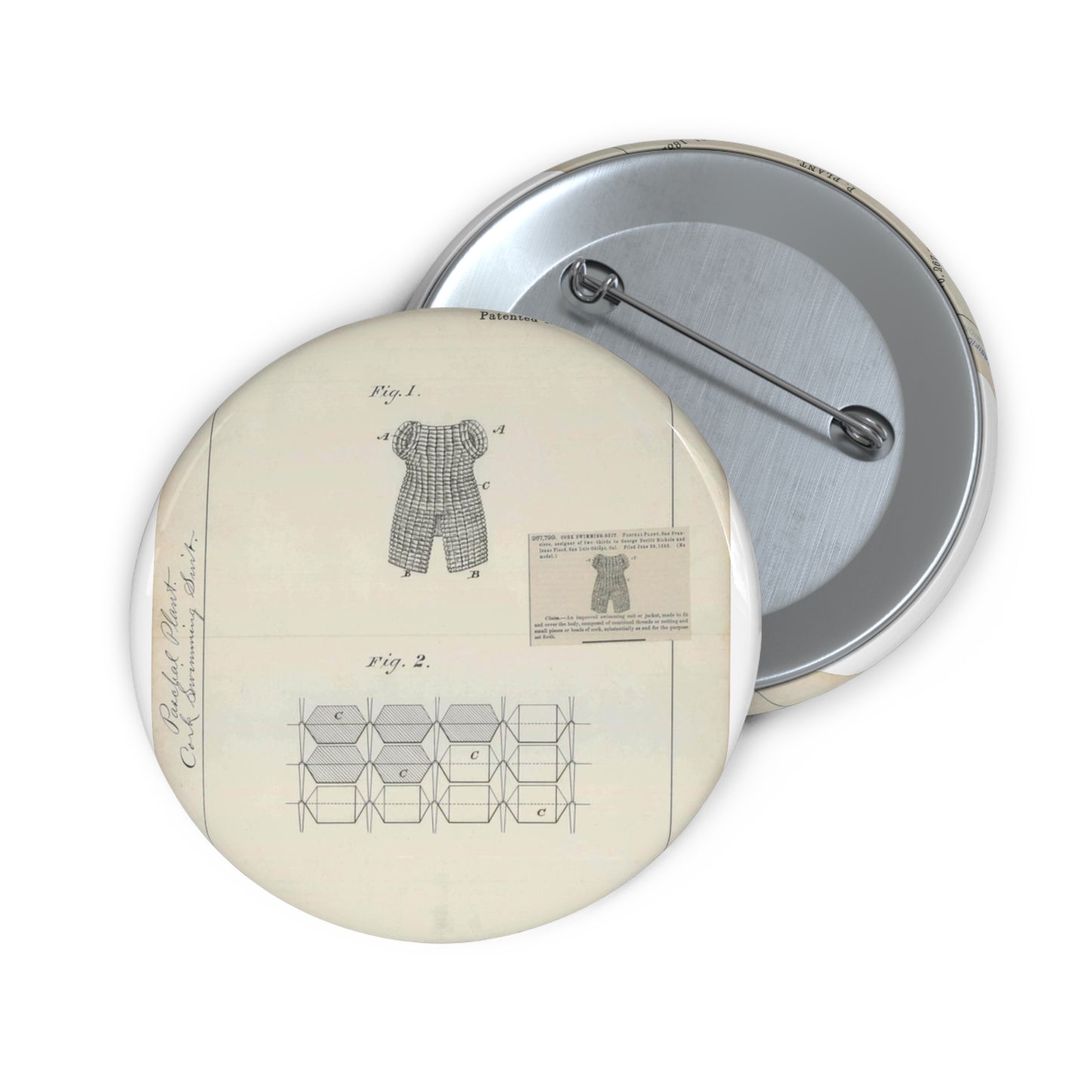 Patent drawing - for P. Plant's Cork Swimming Suit Public domain image Pin Buttons with Crisp Design