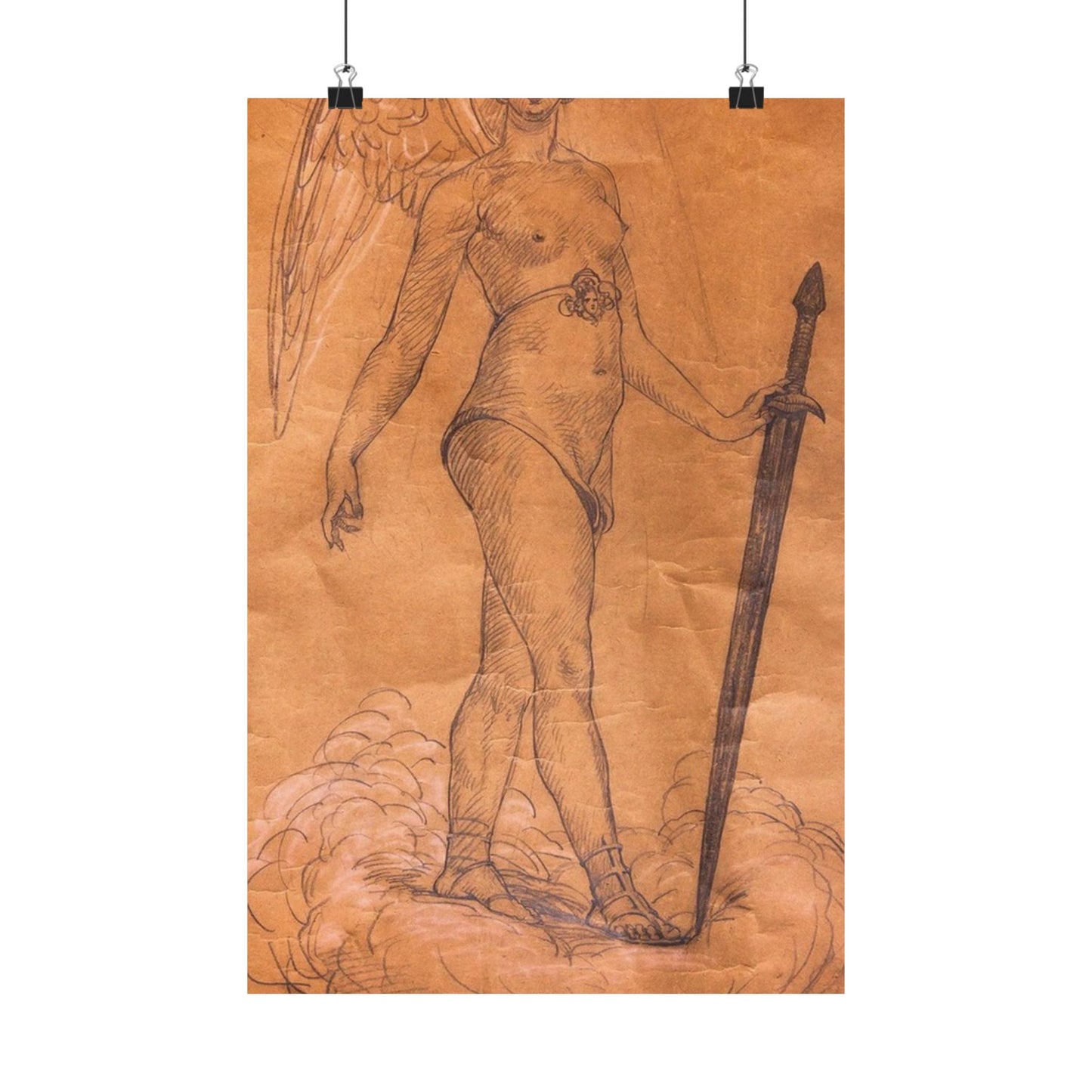 A drawing of an angel holding a sword. Woman breasts sword, beauty fashion. High Quality Matte Wall Art Poster for Home, Office, Classroom