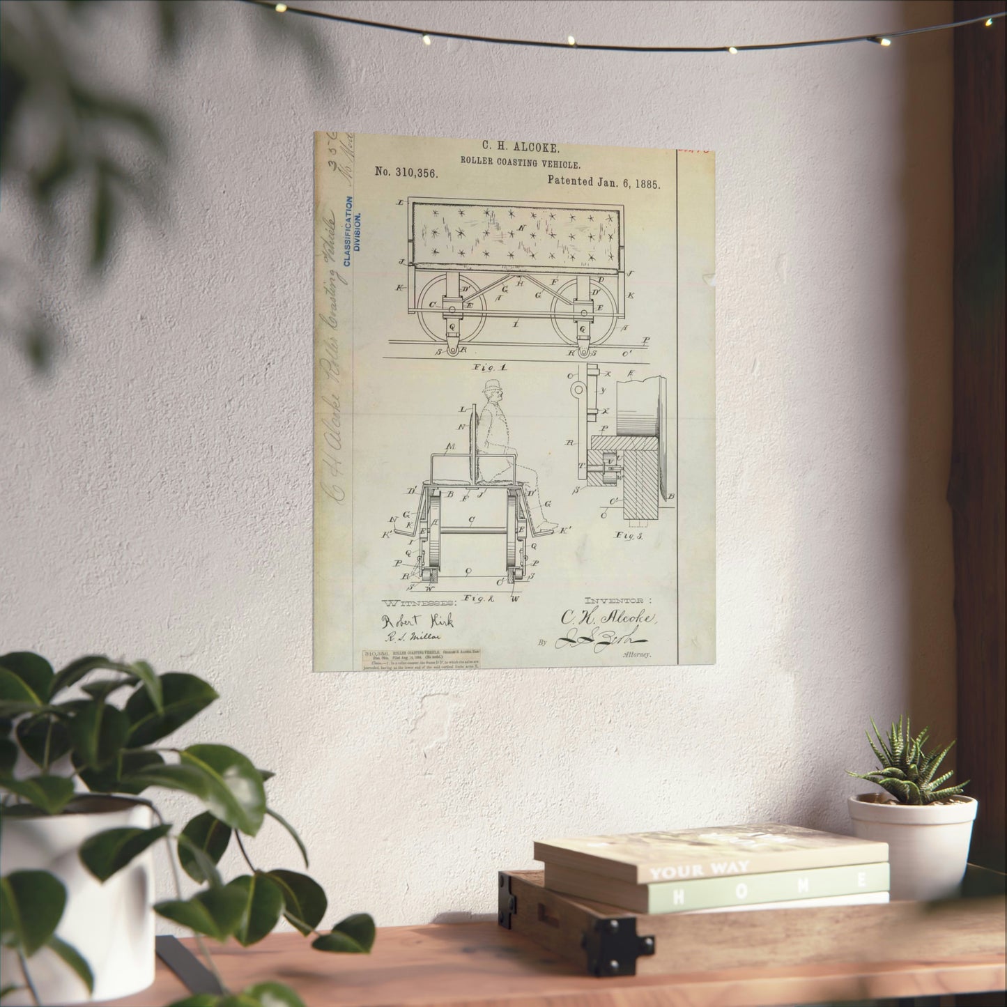 Patent Drawing of Engine - for C. H. Alcoke's Roller Coasting Vehicle Public domain image High Quality Matte Wall Art Poster for Home, Office, Classroom